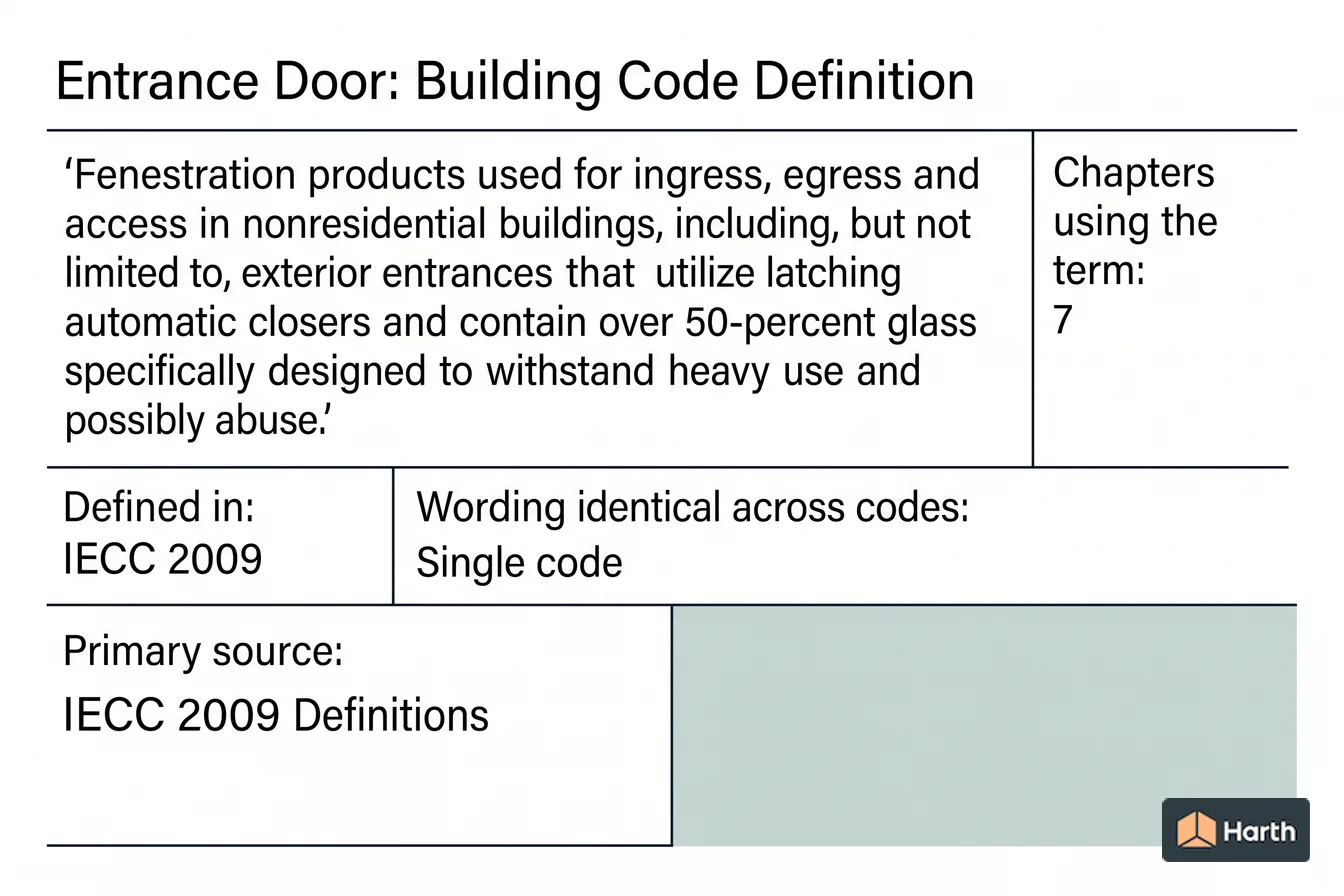 Labeled code-term definition diagram: Entrance Door: Building Code Definition