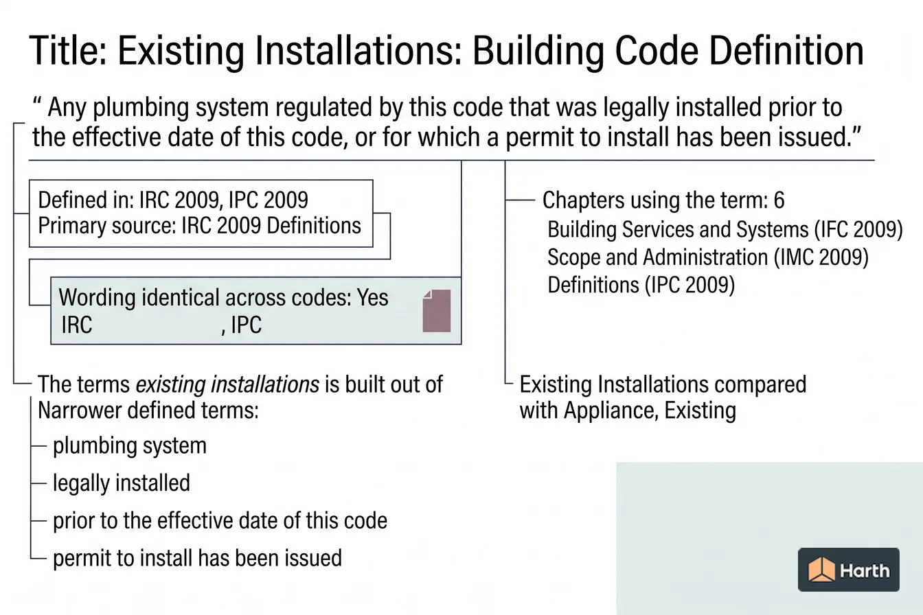 Labeled code-term definition diagram: Existing Installations: Building Code Definition