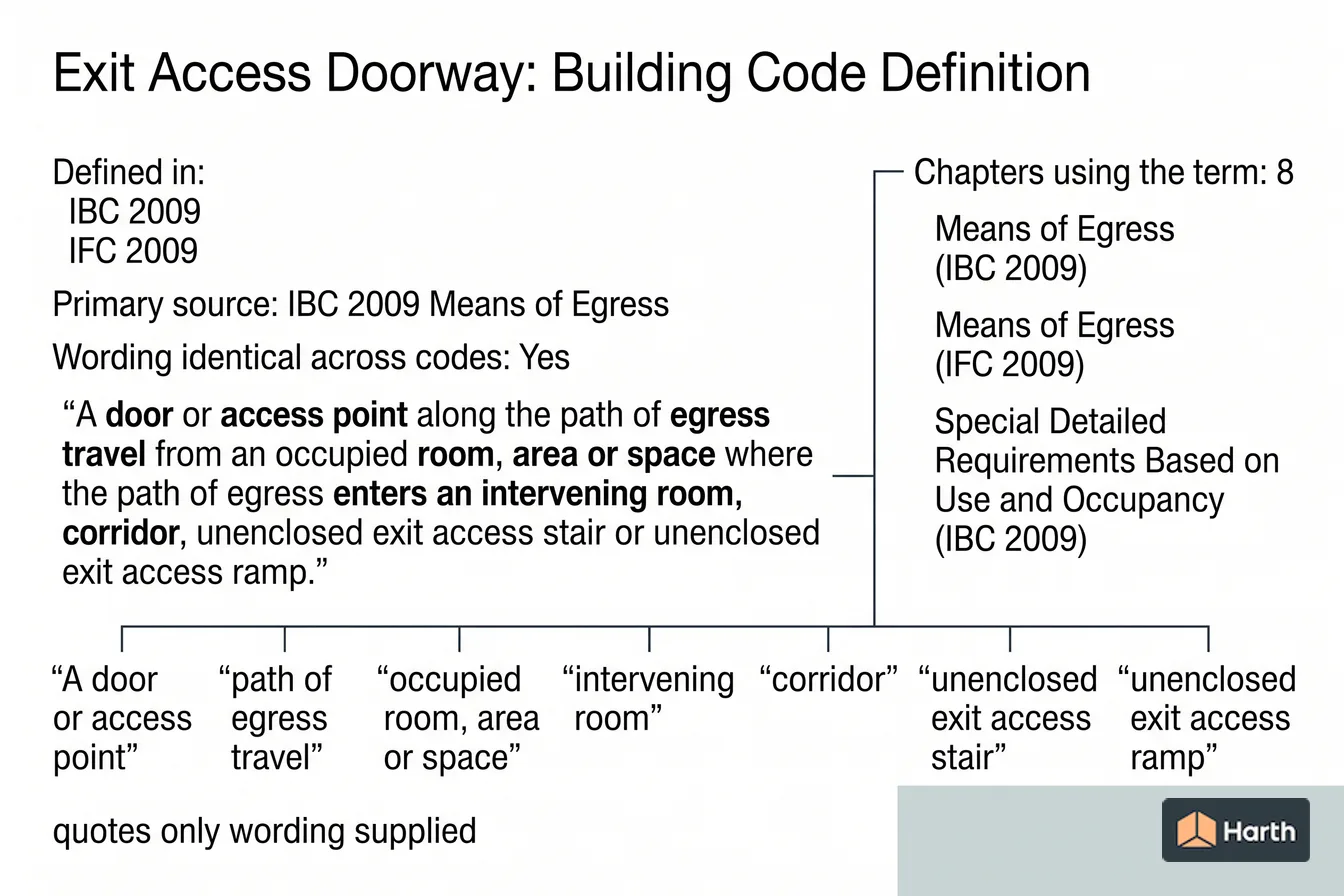 Labeled code-term definition diagram: Exit Access Doorway: Building Code Definition