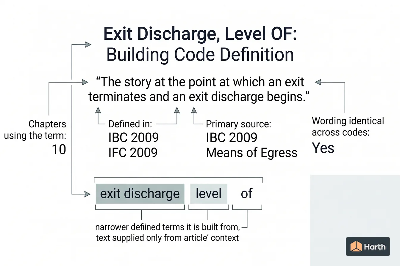 Labeled code-term definition diagram: Exit Discharge, Level OF: Building Code Definition