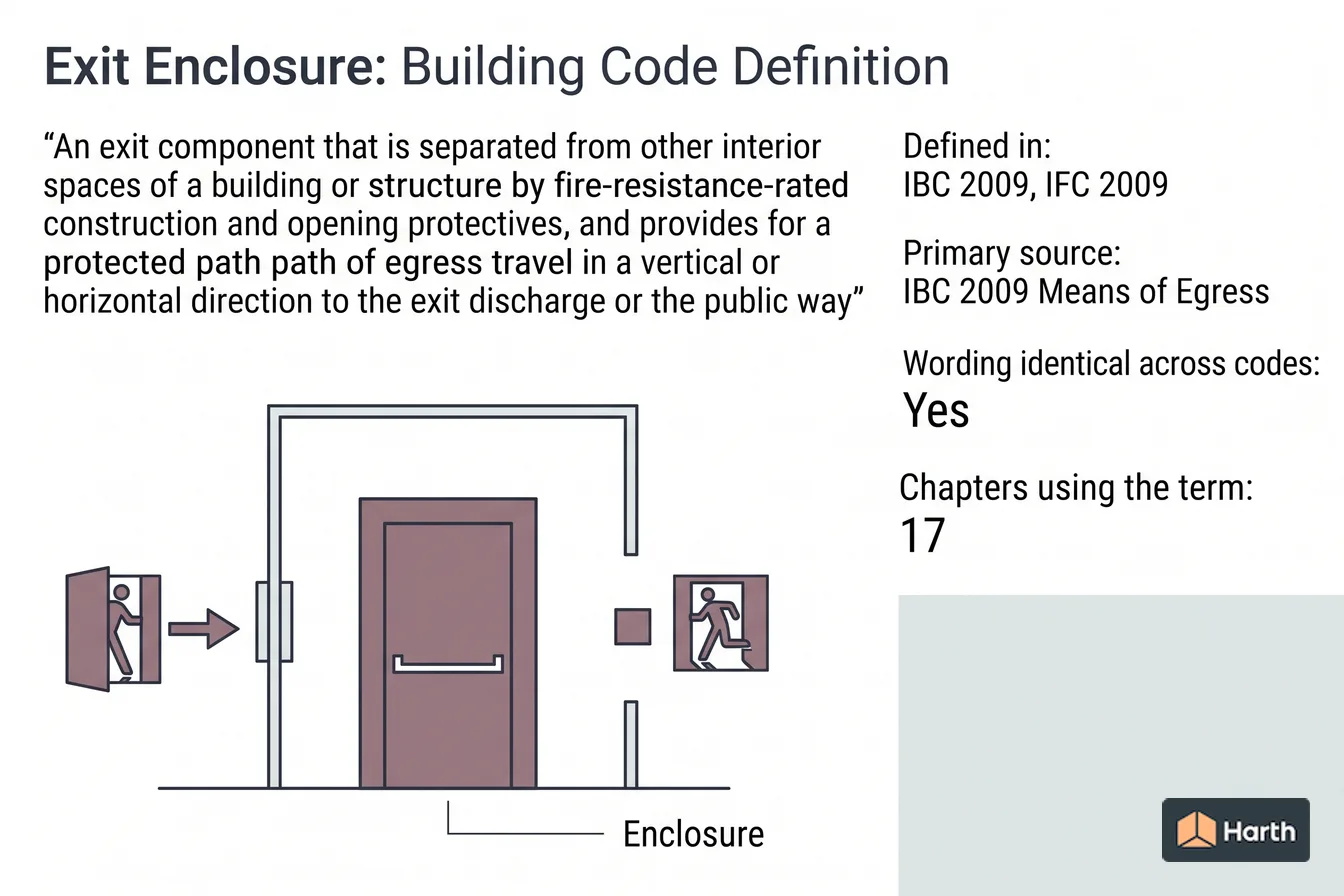 Labeled code-term definition diagram: Exit Enclosure: Building Code Definition