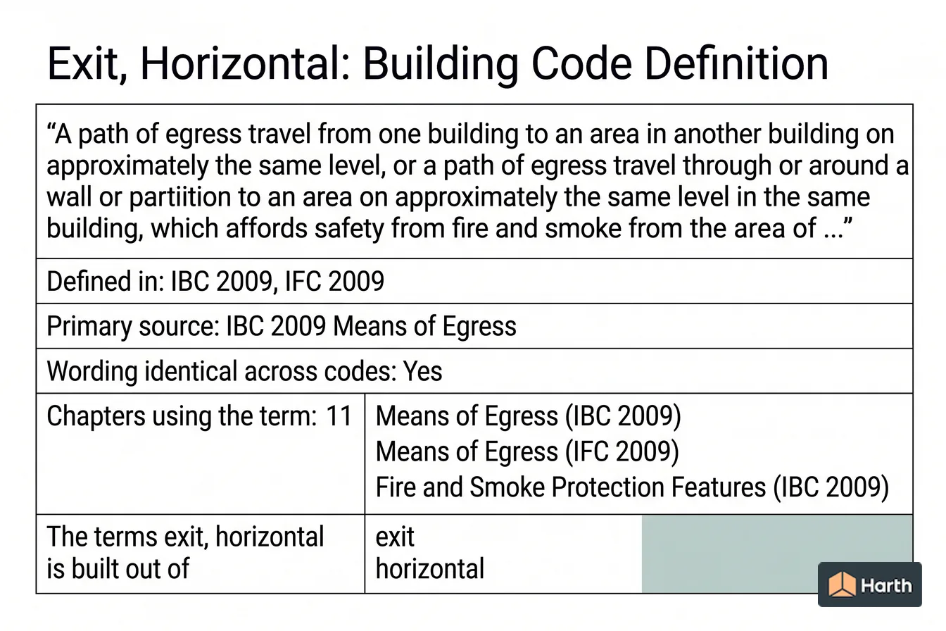 Labeled code-term definition diagram: Exit, Horizontal: Building Code Definition