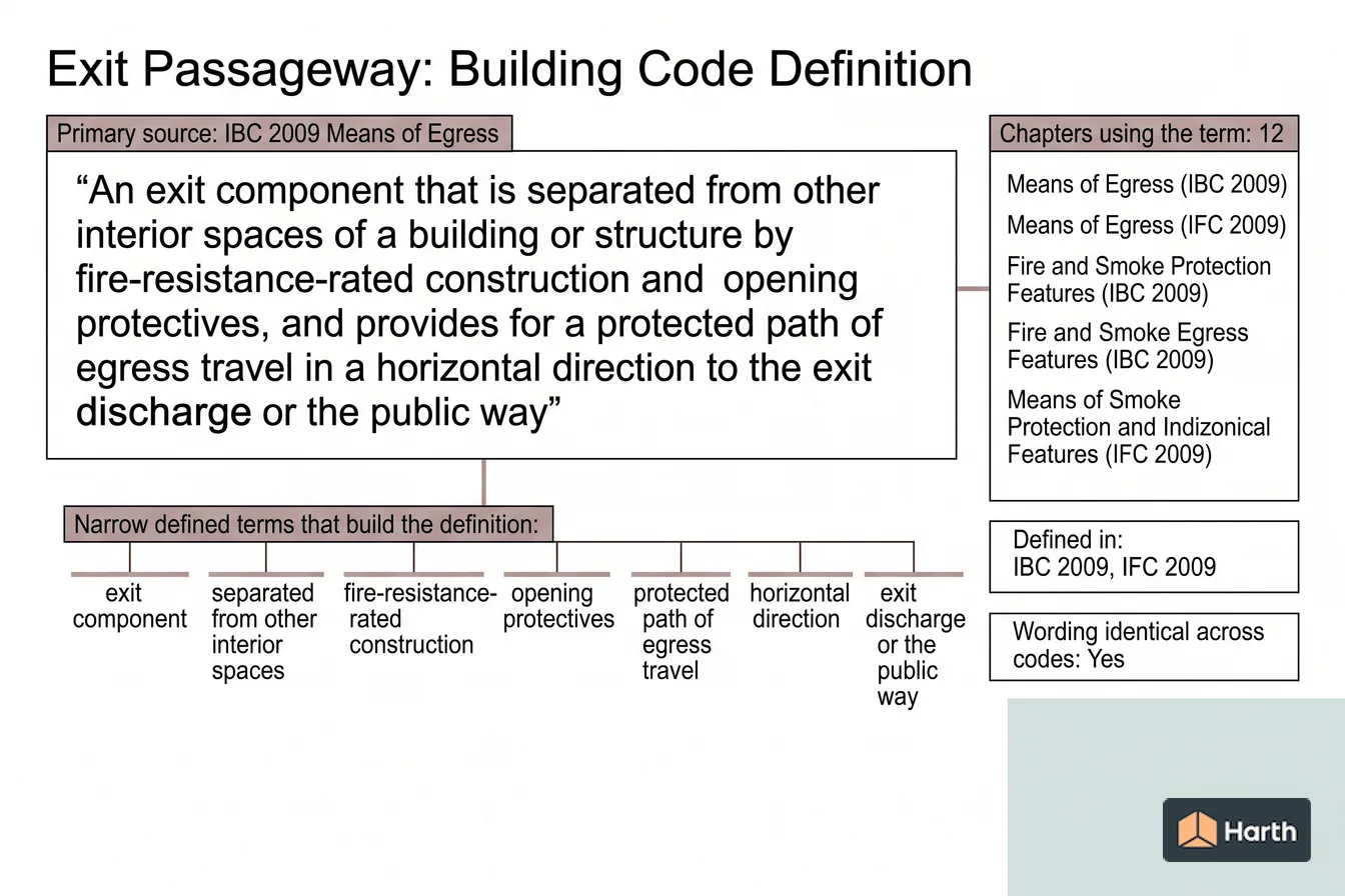 Labeled code-term definition diagram: Exit Passageway: Building Code Definition