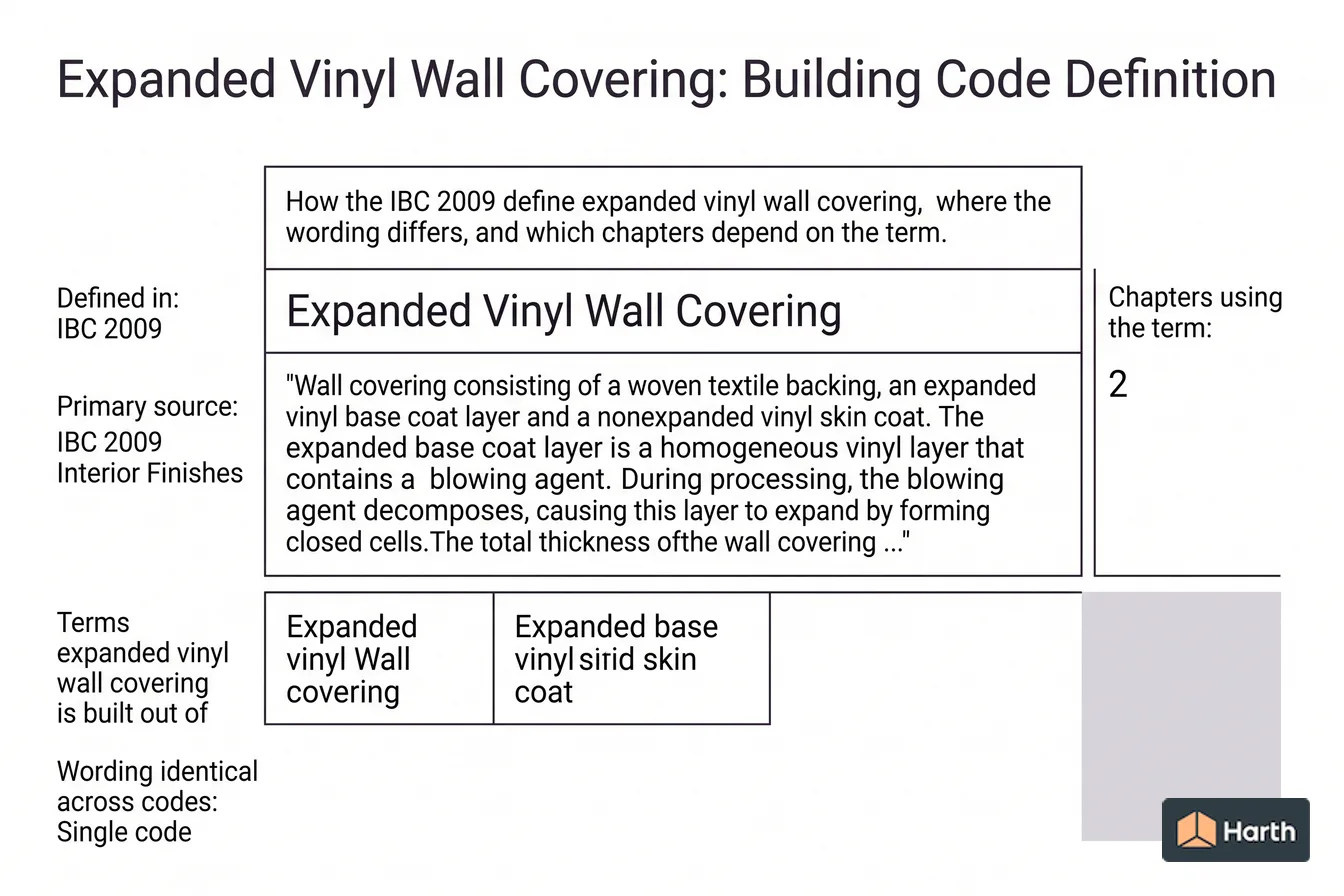 Labeled code-term definition diagram: Expanded Vinyl Wall Covering: Building Code Definition