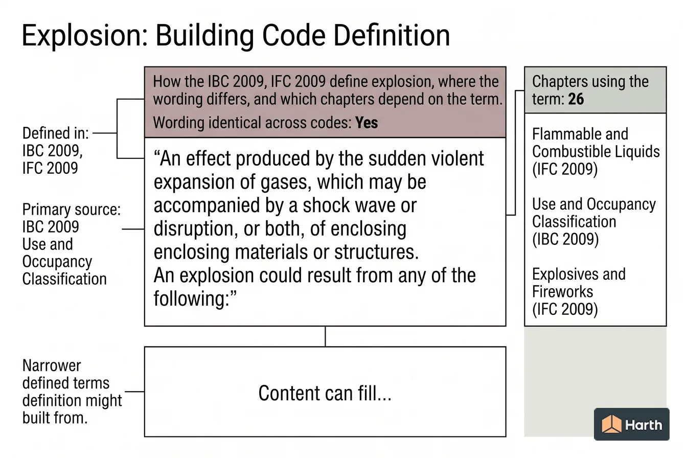 Labeled code-term definition diagram: Explosion: Building Code Definition