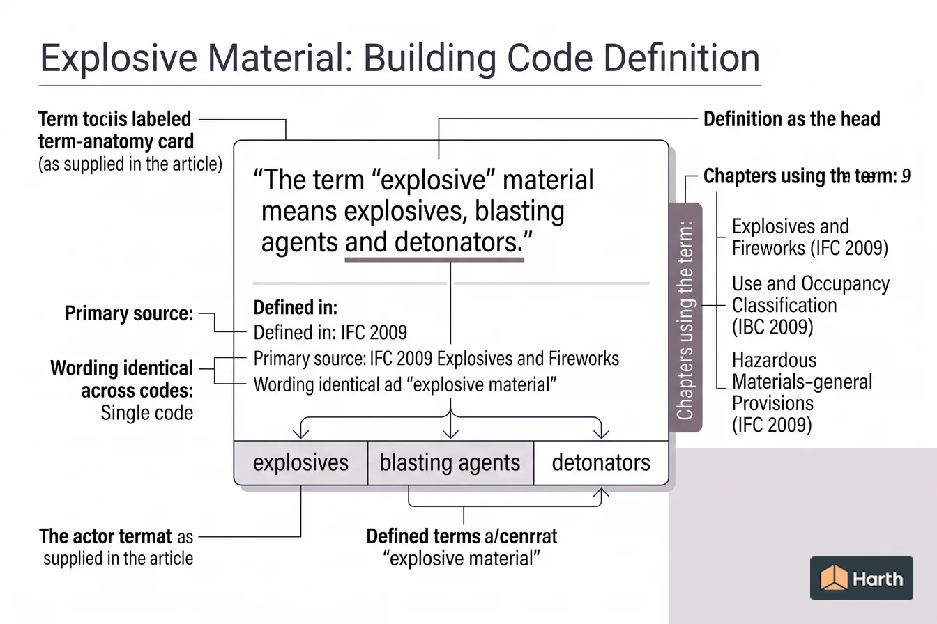 Labeled code-term definition diagram: Explosive Material: Building Code Definition