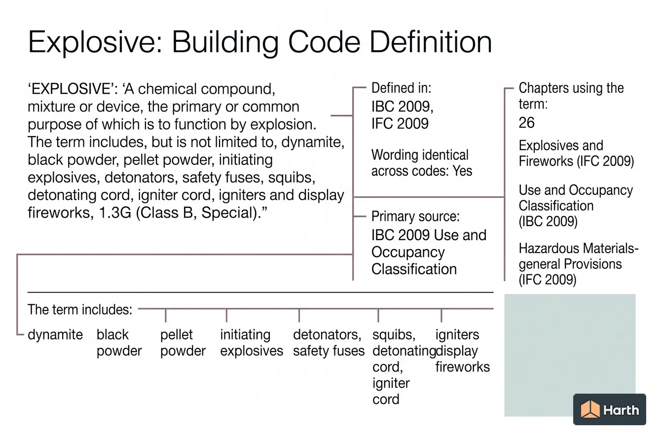 Labeled code-term definition diagram: Explosive: Building Code Definition