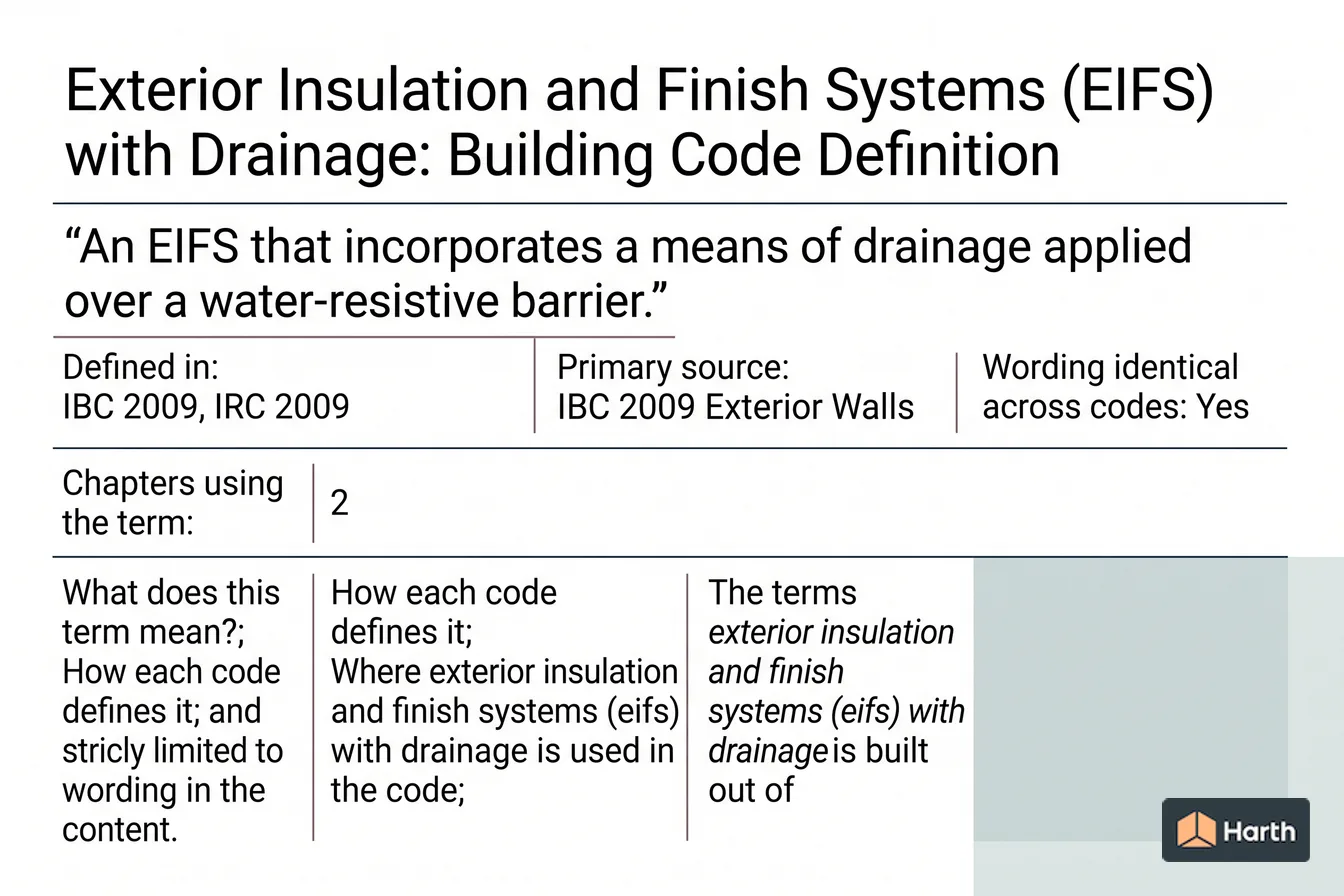 Labeled code-term definition diagram: Exterior Insulation and Finish Systems (EIFS) with Drainage: Building Code Definition