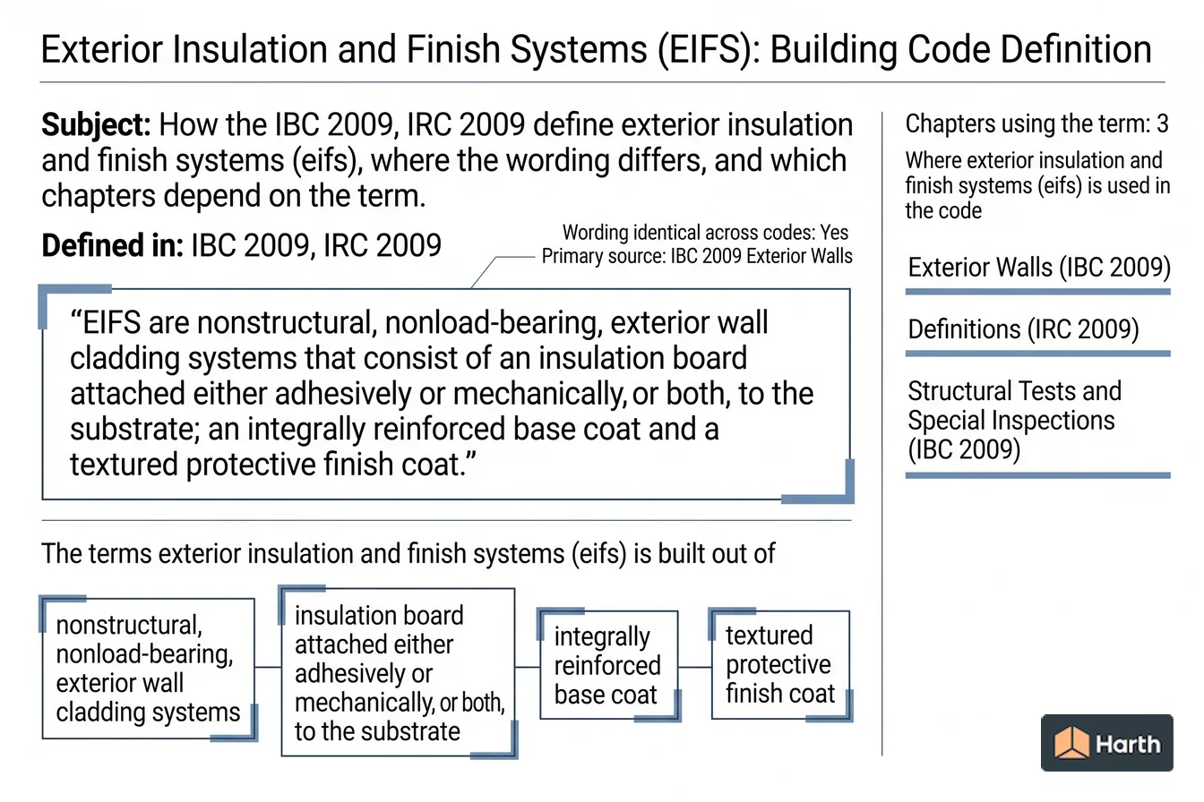 Labeled code-term definition diagram: Exterior Insulation and Finish Systems (EIFS): Building Code Definition
