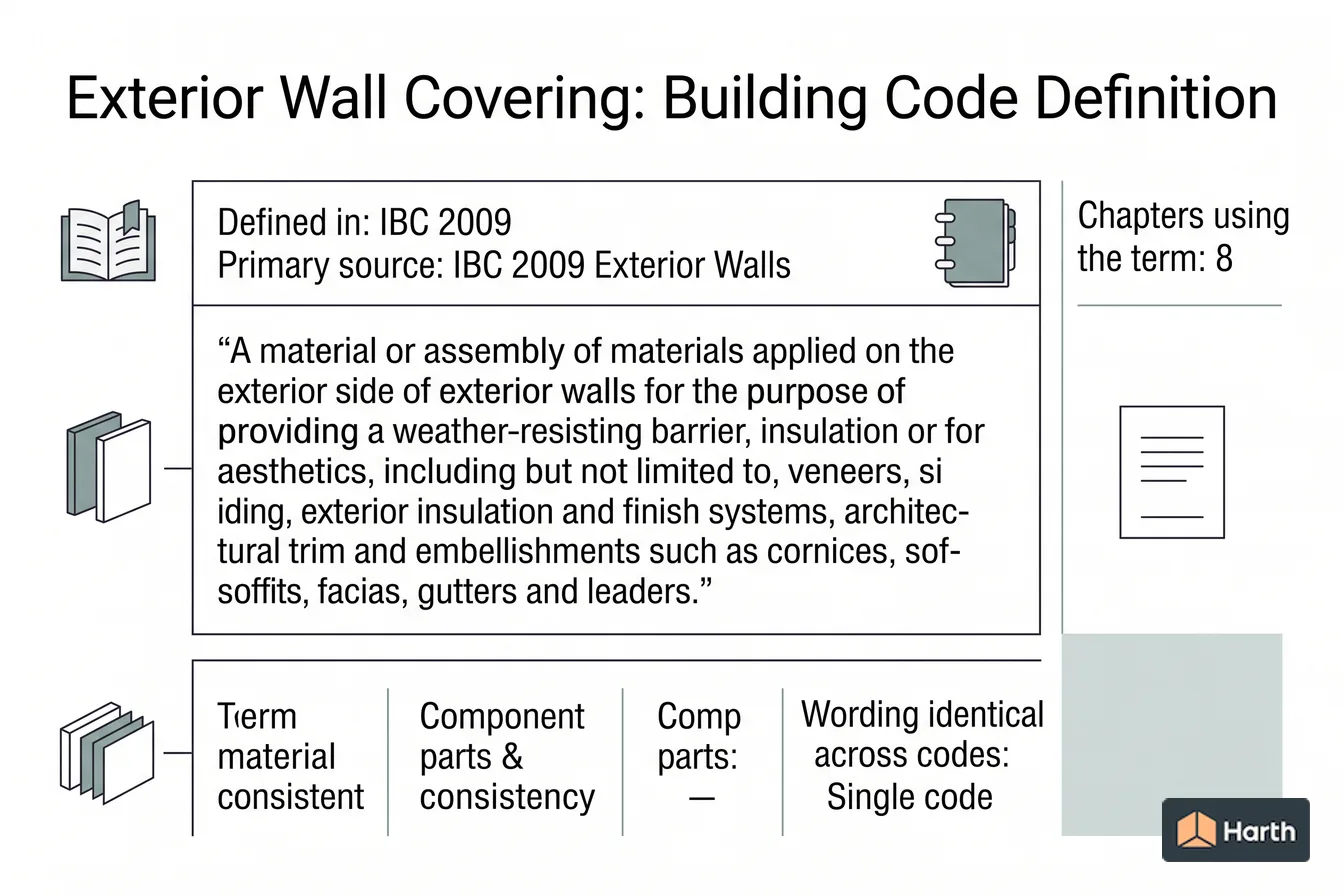 Labeled code-term definition diagram: Exterior Wall Covering: Building Code Definition