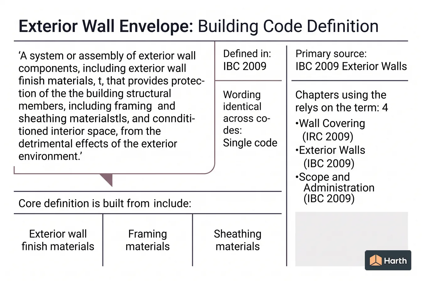 Labeled code-term definition diagram: Exterior Wall Envelope: Building Code Definition