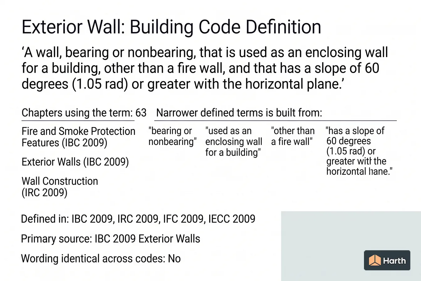 Labeled code-term definition diagram: Exterior Wall: Building Code Definition