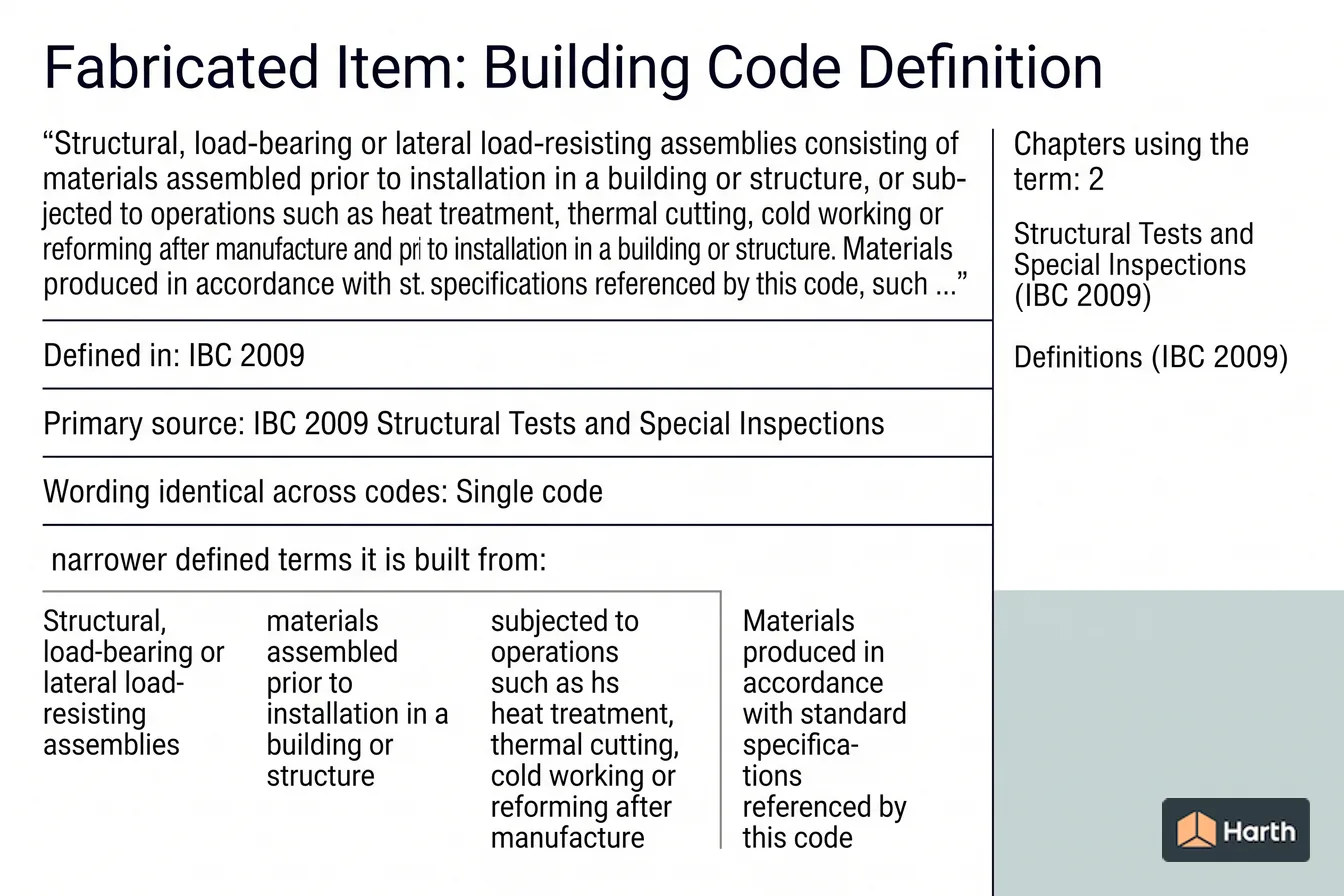 Labeled code-term definition diagram: Fabricated Item: Building Code Definition