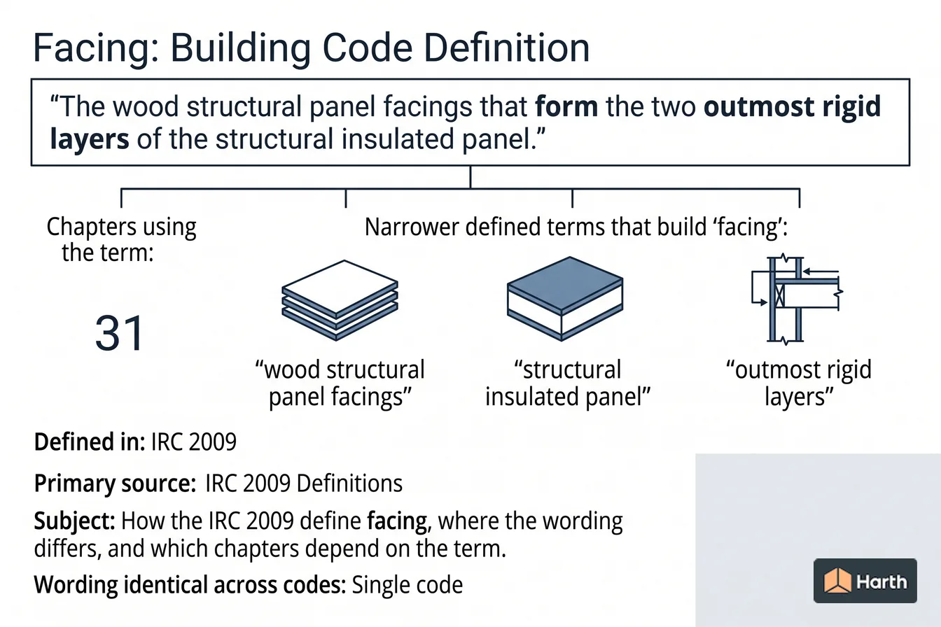 Labeled code-term definition diagram: Facing: Building Code Definition