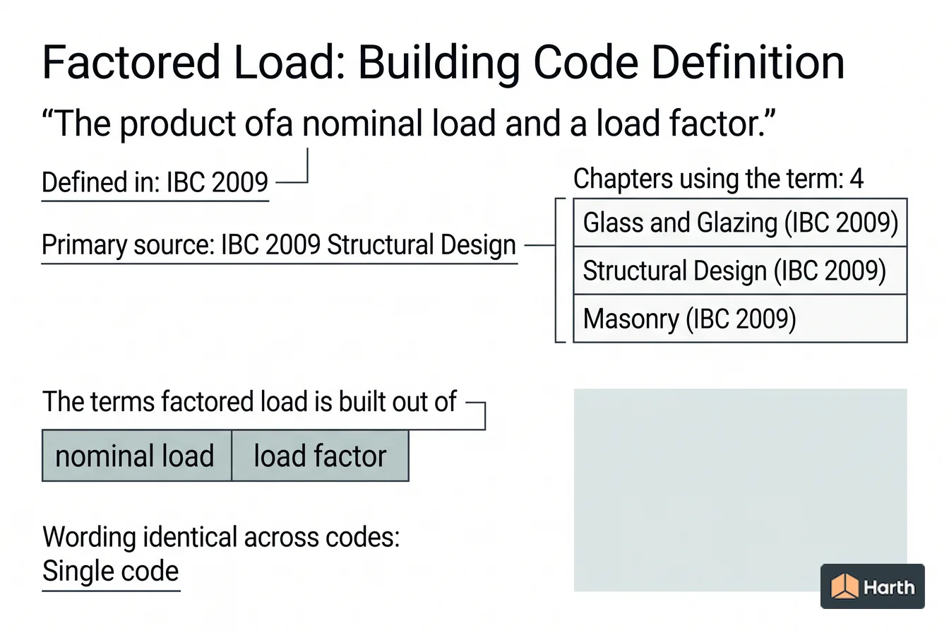 Labeled code-term definition diagram: Factored Load: Building Code Definition