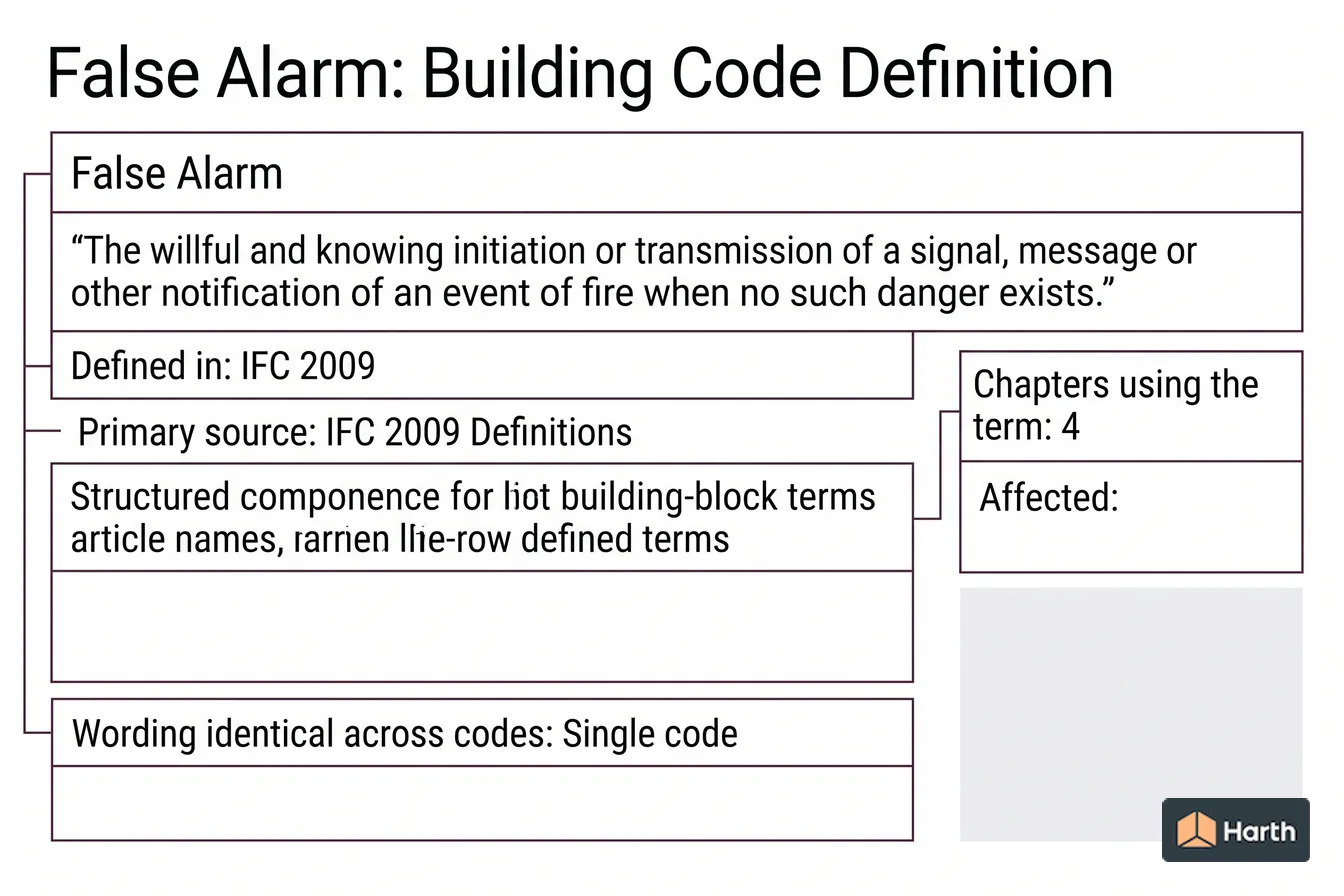 Labeled code-term definition diagram: False Alarm: Building Code Definition