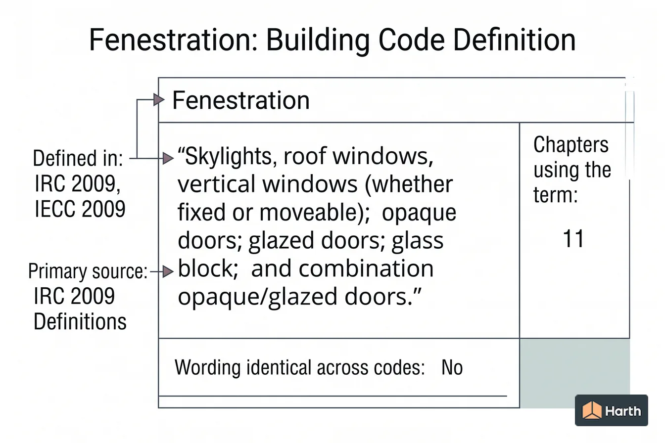 Labeled code-term definition diagram: Fenestration: Building Code Definition
