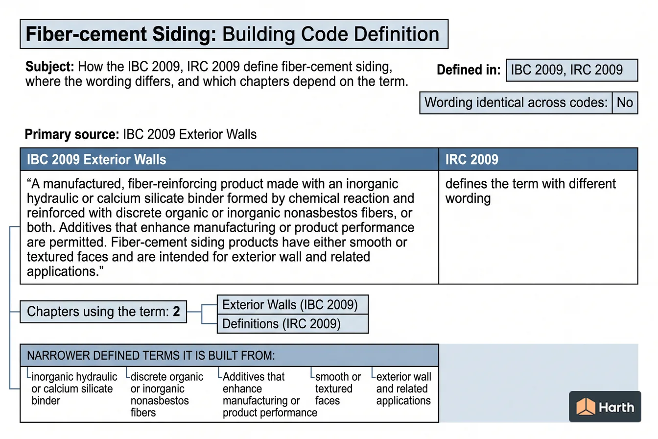 Labeled code-term definition diagram: Fiber-cement Siding: Building Code Definition