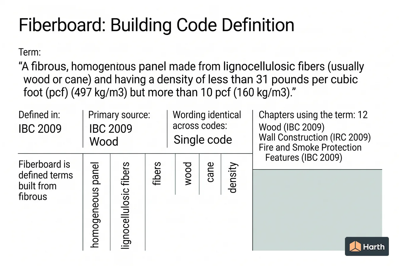 Labeled code-term definition diagram: Fiberboard: Building Code Definition