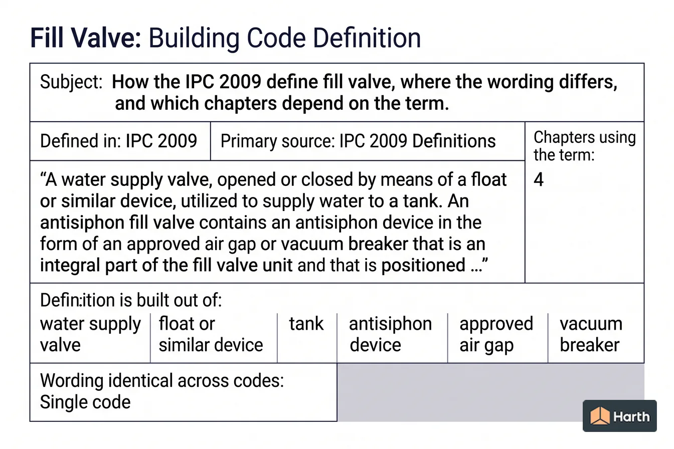 Labeled code-term definition diagram: Fill Valve: Building Code Definition
