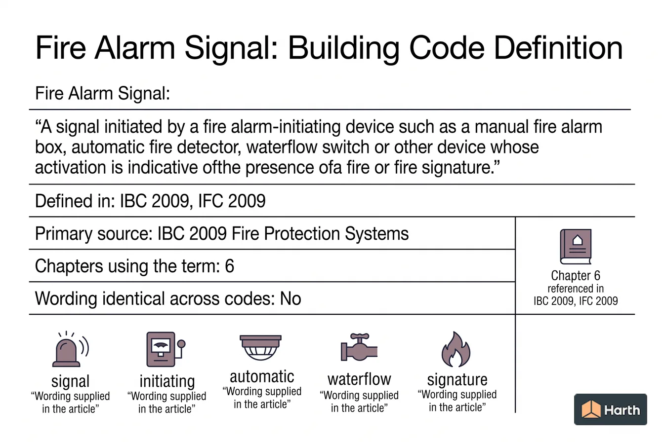 Labeled code-term definition diagram: Fire Alarm Signal: Building Code Definition