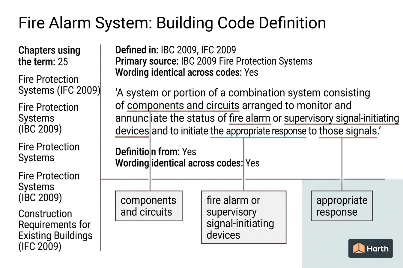 Labeled code-term definition diagram: Fire Alarm System: Building Code Definition