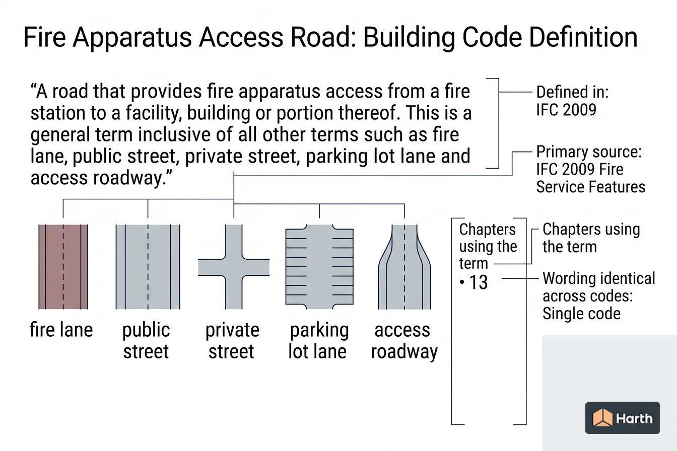 Labeled code-term definition diagram: Fire Apparatus Access Road: Building Code Definition