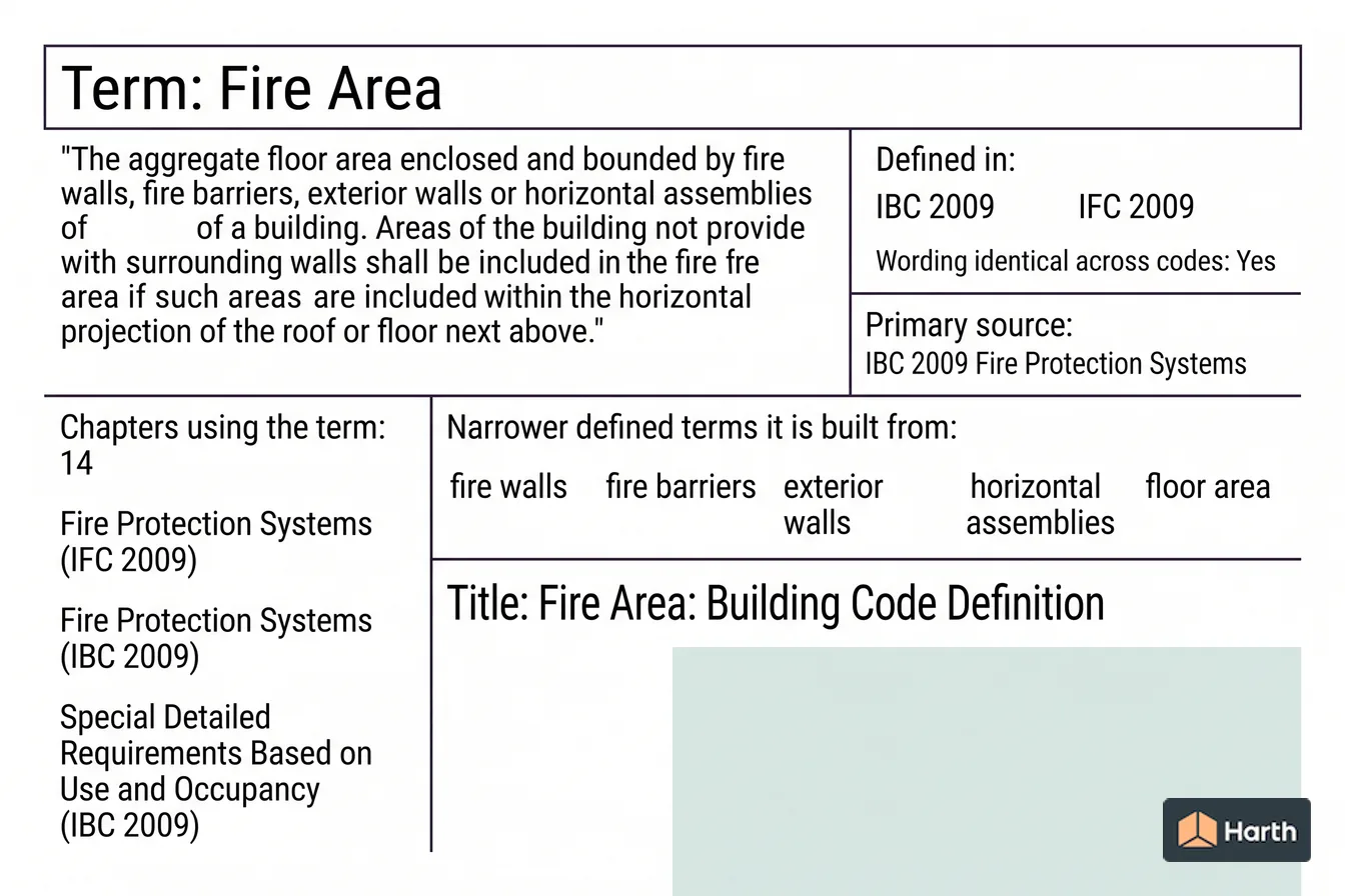 Labeled code-term definition diagram: Fire Area: Building Code Definition