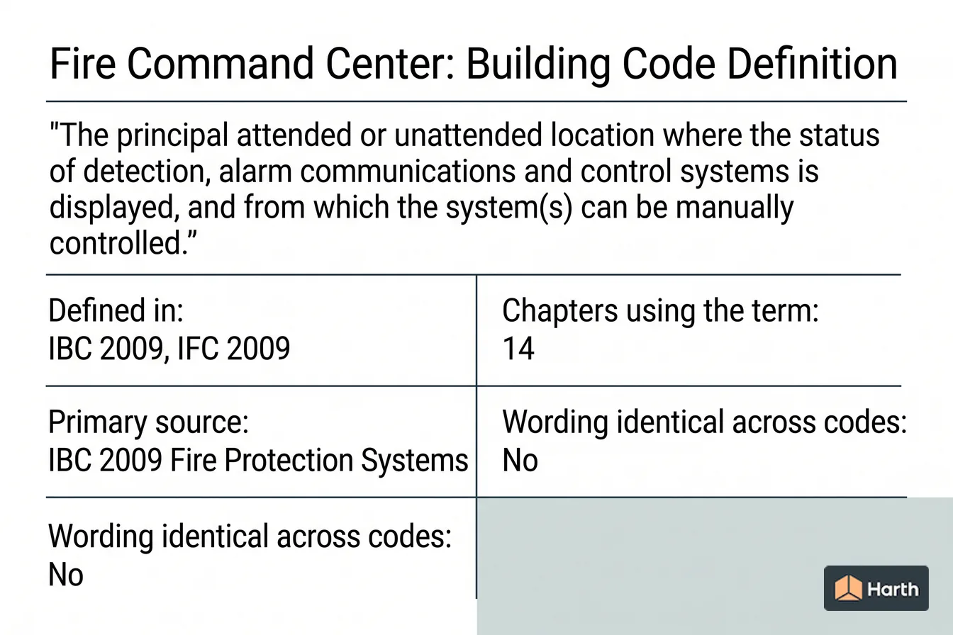 Labeled code-term definition diagram: Fire Command Center: Building Code Definition