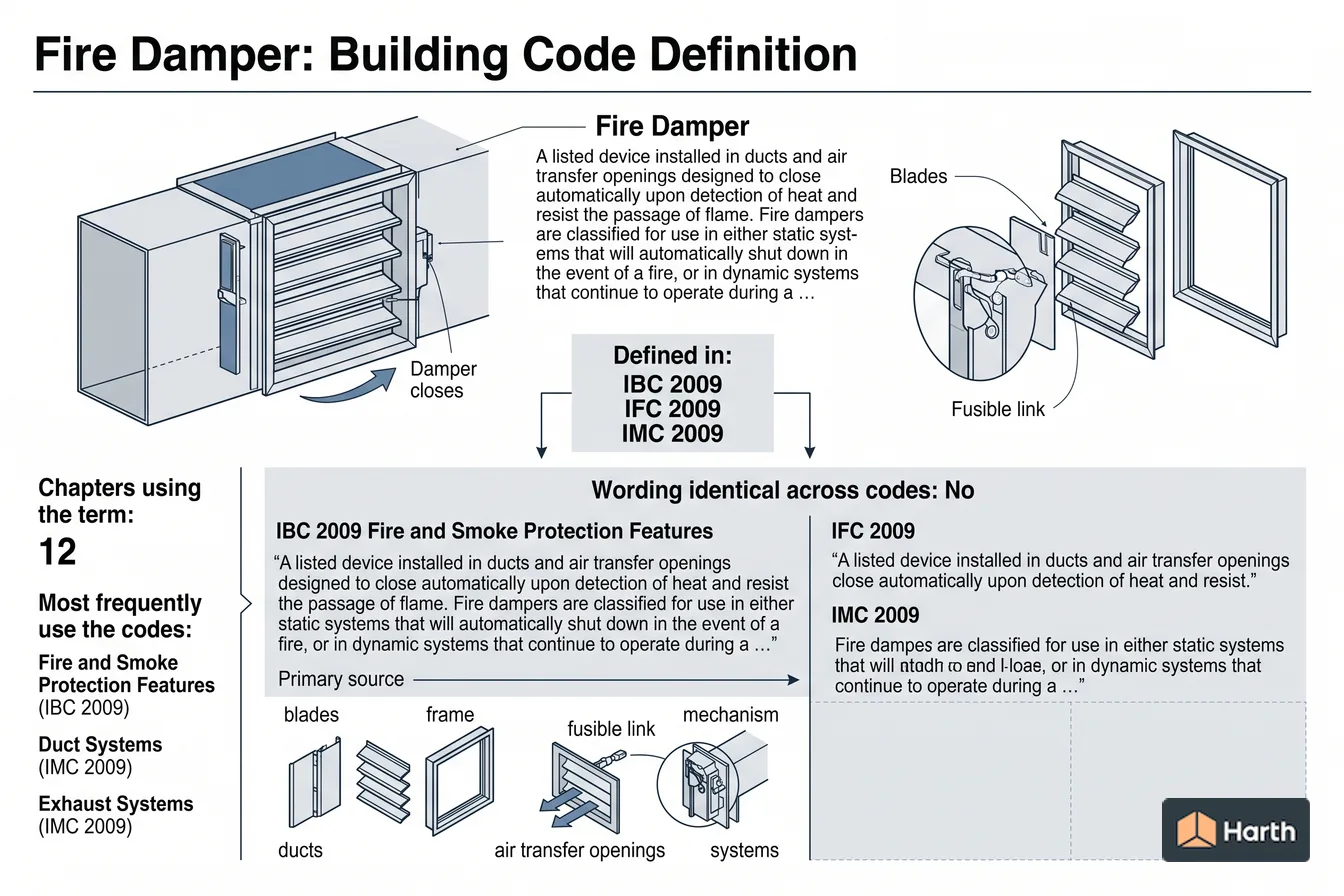 Labeled code-term definition diagram: Fire Damper: Building Code Definition