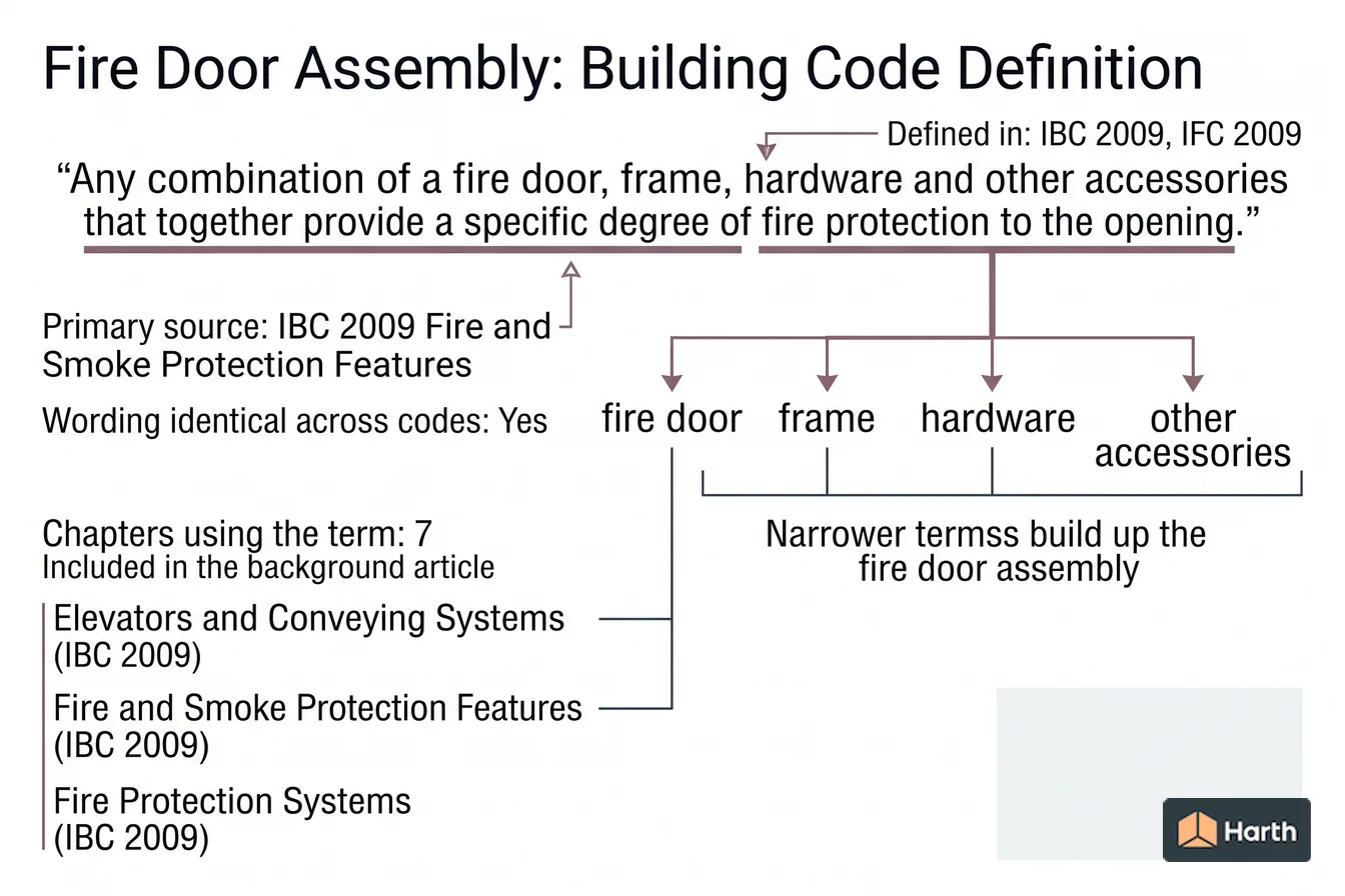 Labeled code-term definition diagram: Fire Door Assembly: Building Code Definition