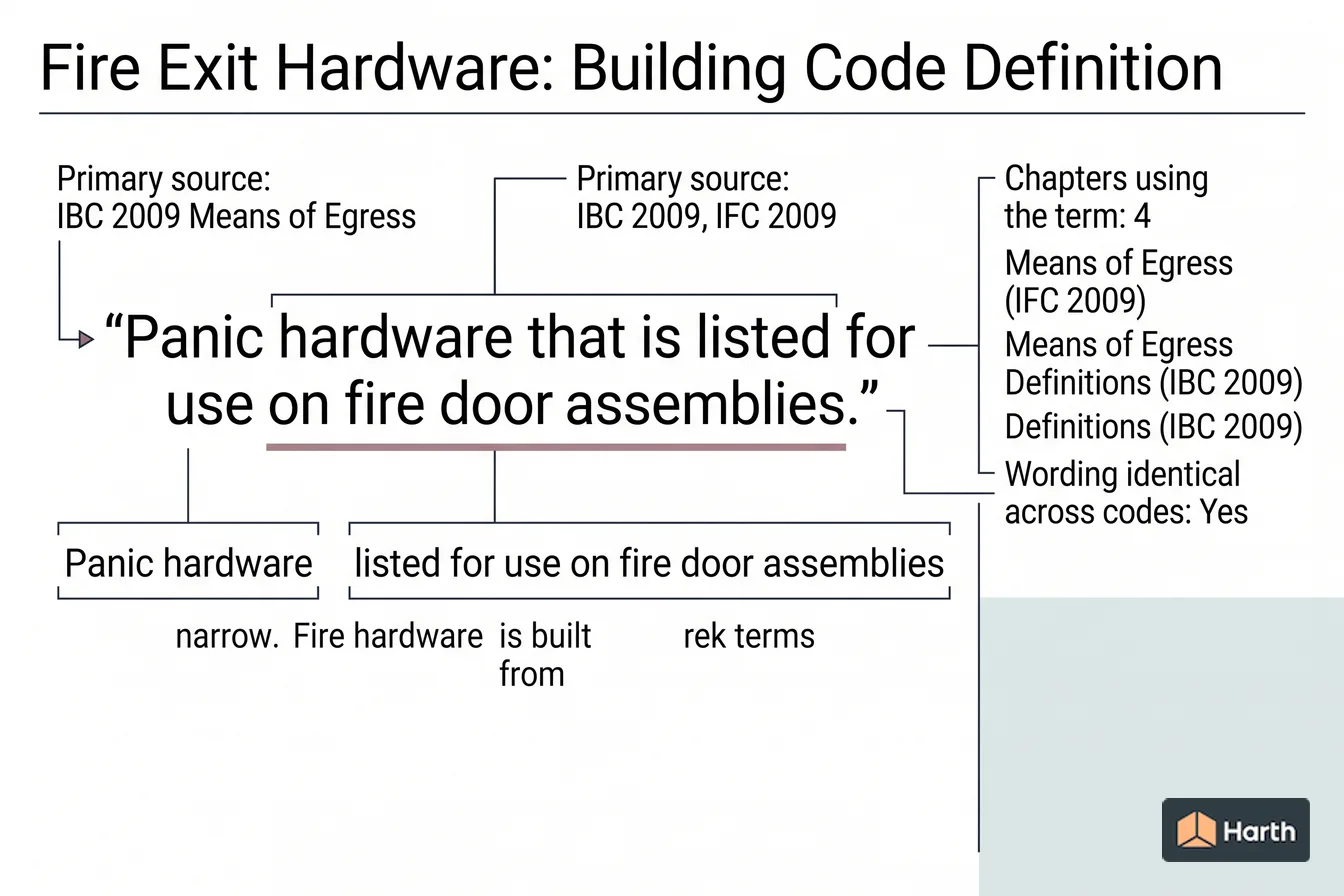 Labeled code-term definition diagram: Fire Exit Hardware: Building Code Definition