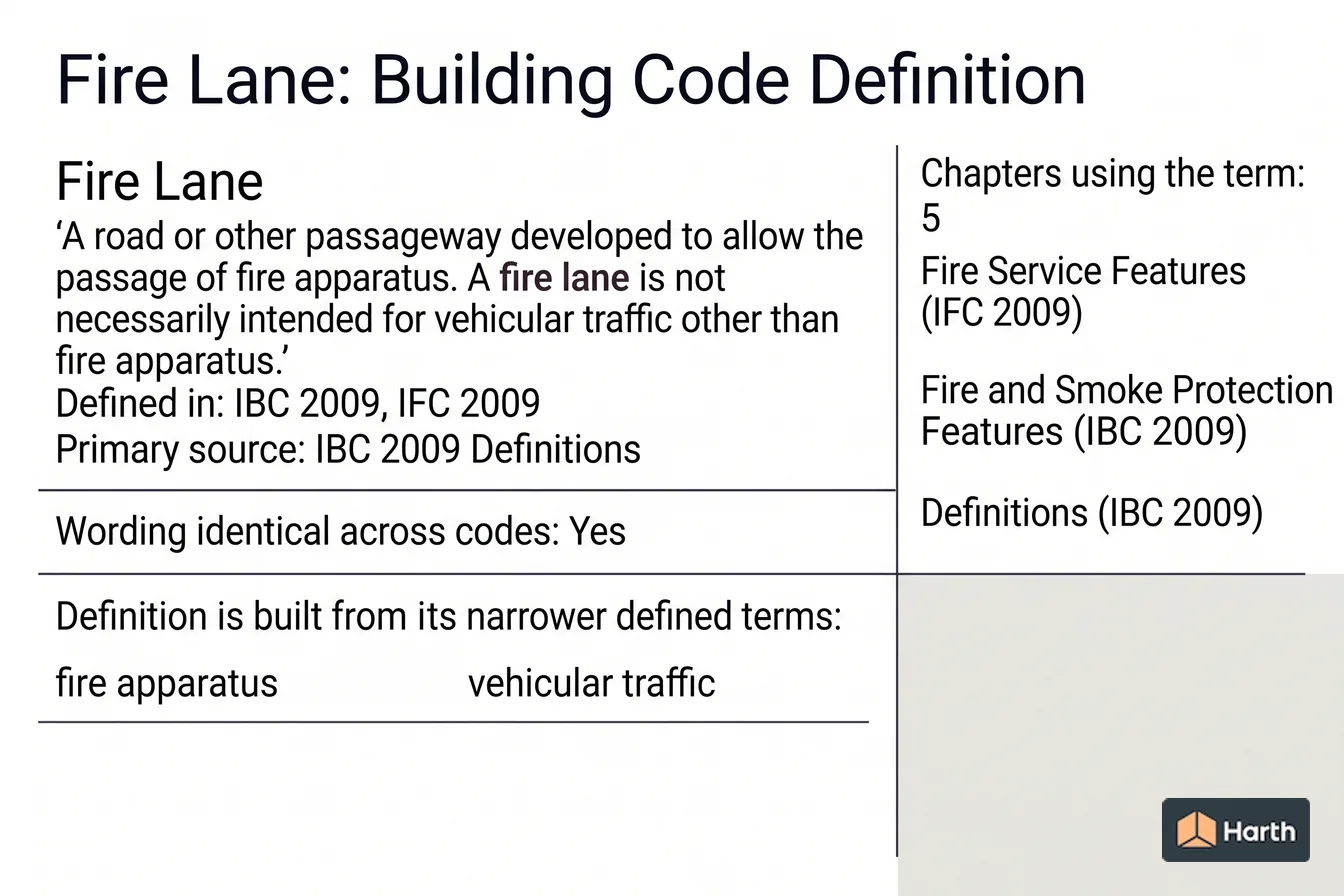 Labeled code-term definition diagram: Fire Lane: Building Code Definition