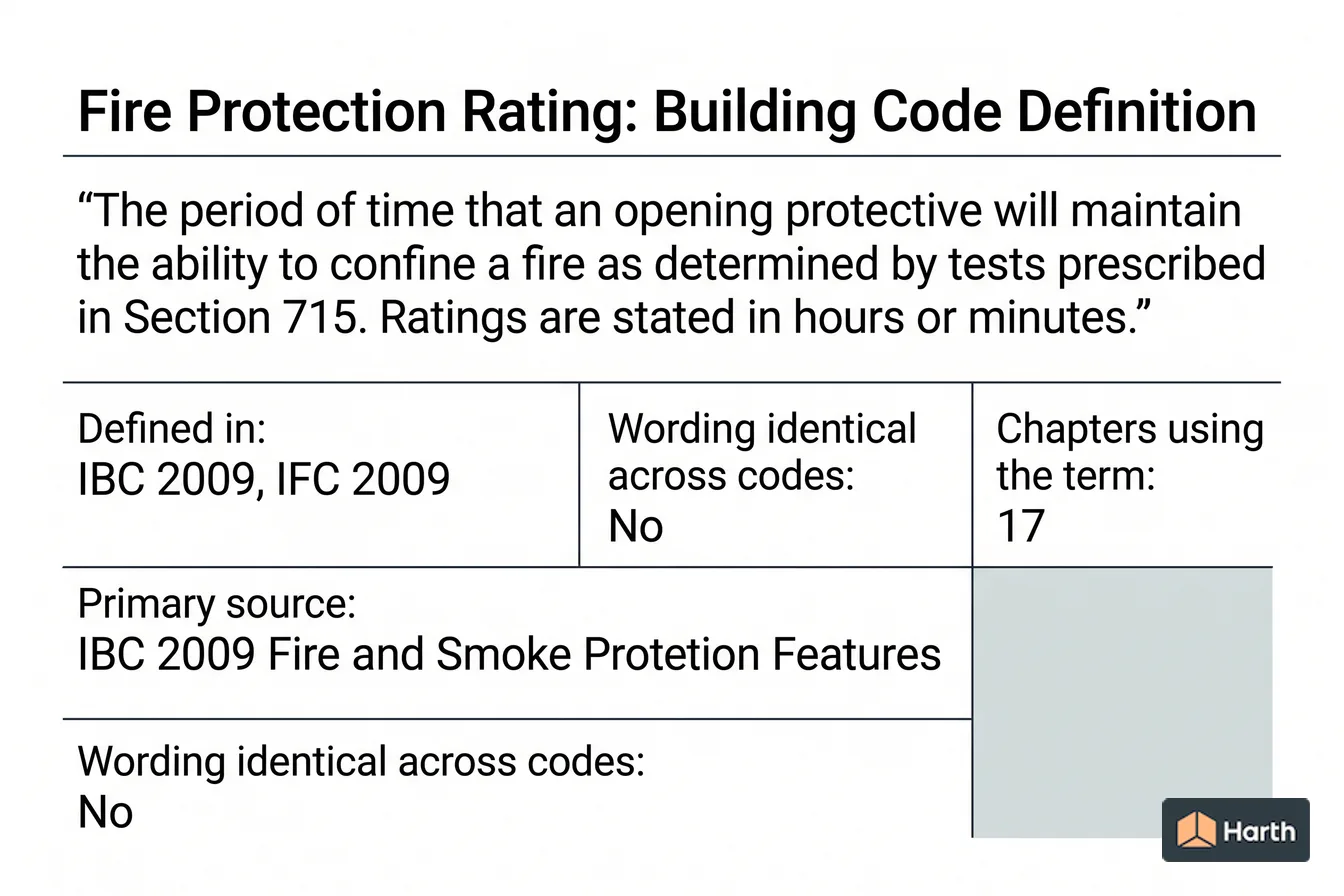 Labeled code-term definition diagram: Fire Protection Rating: Building Code Definition