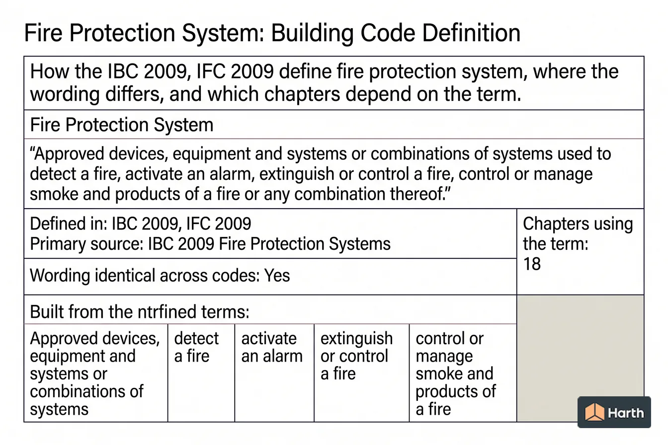 Labeled code-term definition diagram: Fire Protection System: Building Code Definition