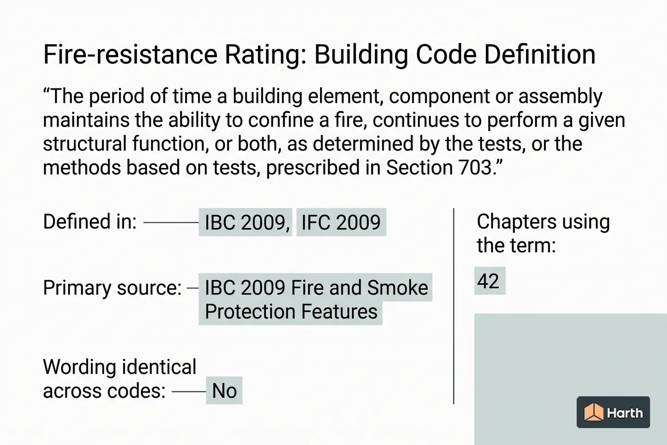 Labeled code-term definition diagram: Fire-resistance Rating: Building Code Definition
