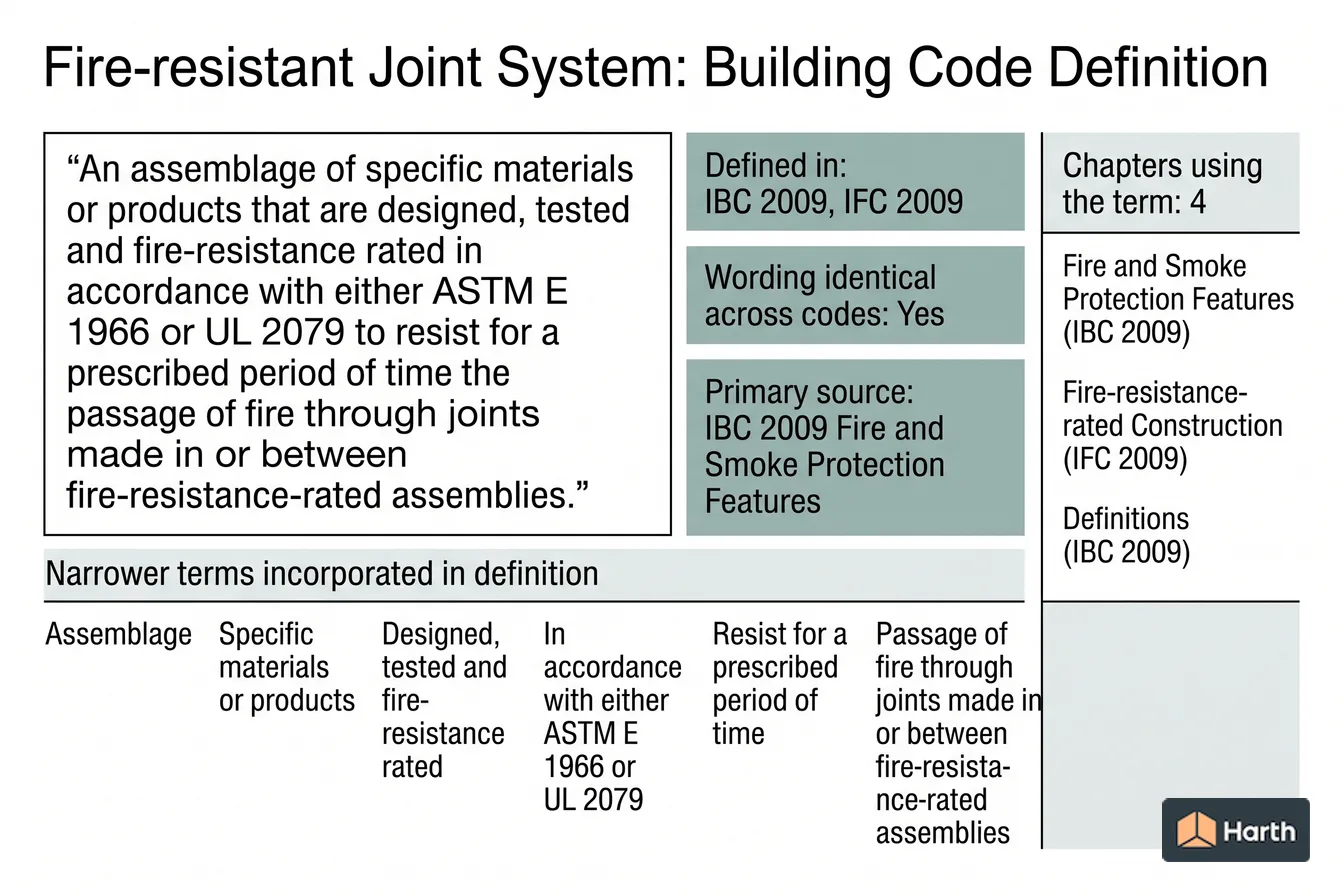 Labeled code-term definition diagram: Fire-resistant Joint System: Building Code Definition