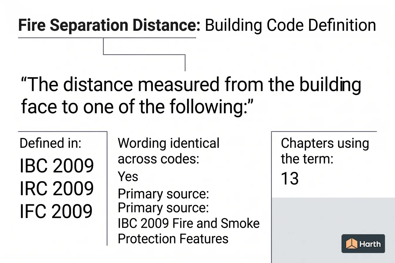 Labeled code-term definition diagram: Fire Separation Distance: Building Code Definition