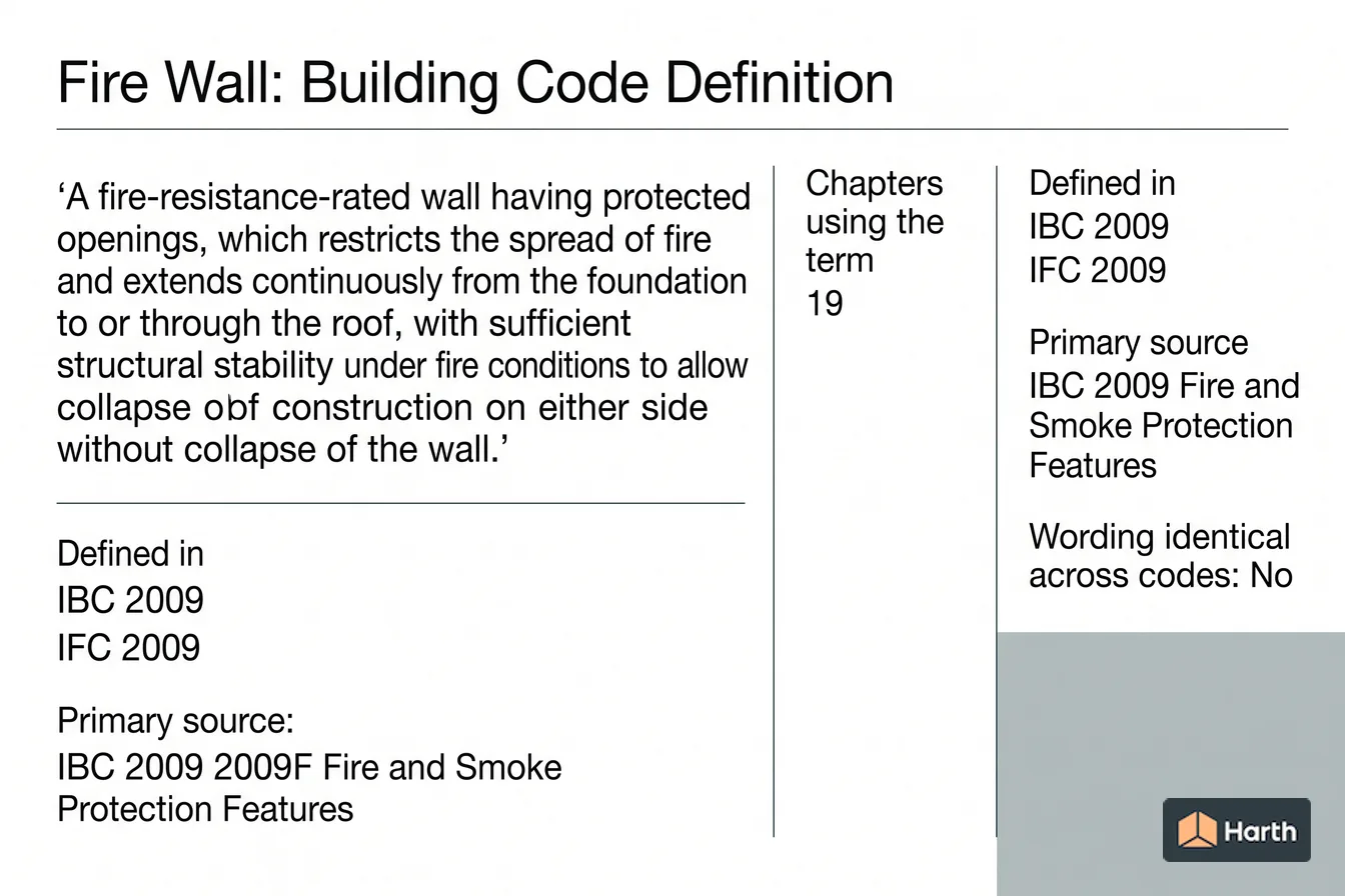 Labeled code-term definition diagram: Fire Wall: Building Code Definition