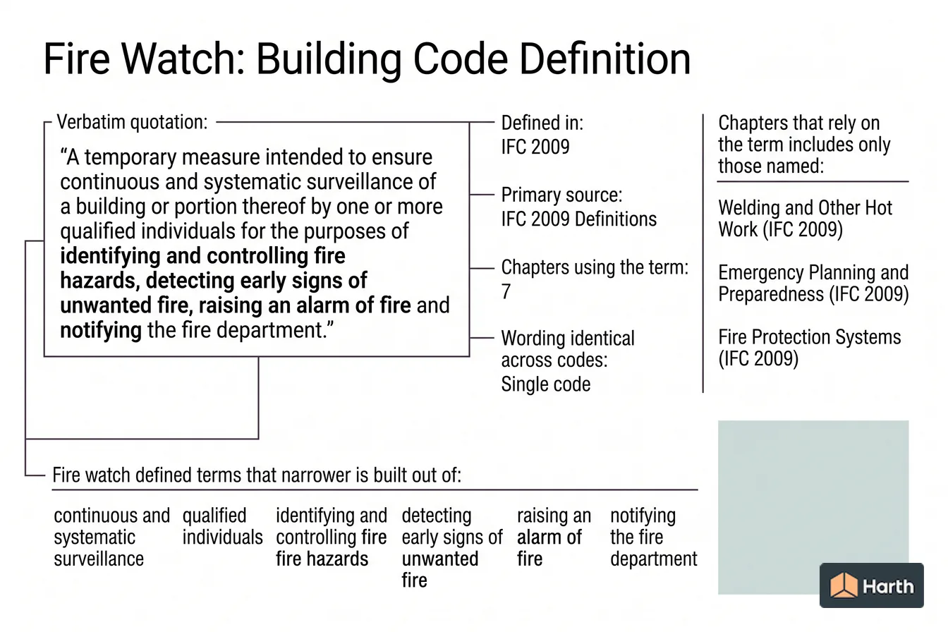 Labeled code-term definition diagram: Fire Watch: Building Code Definition