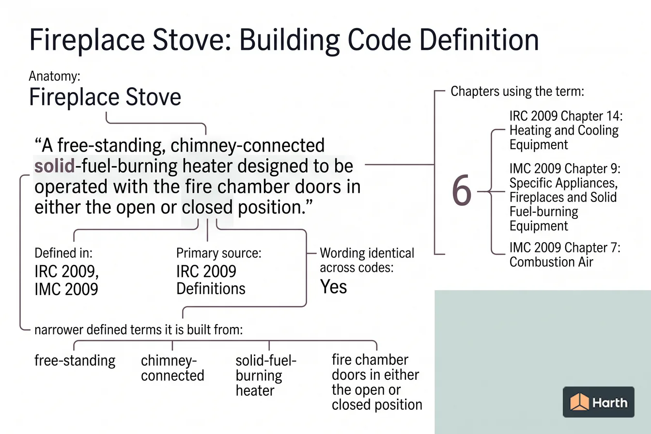Labeled code-term definition diagram: Fireplace Stove: Building Code Definition
