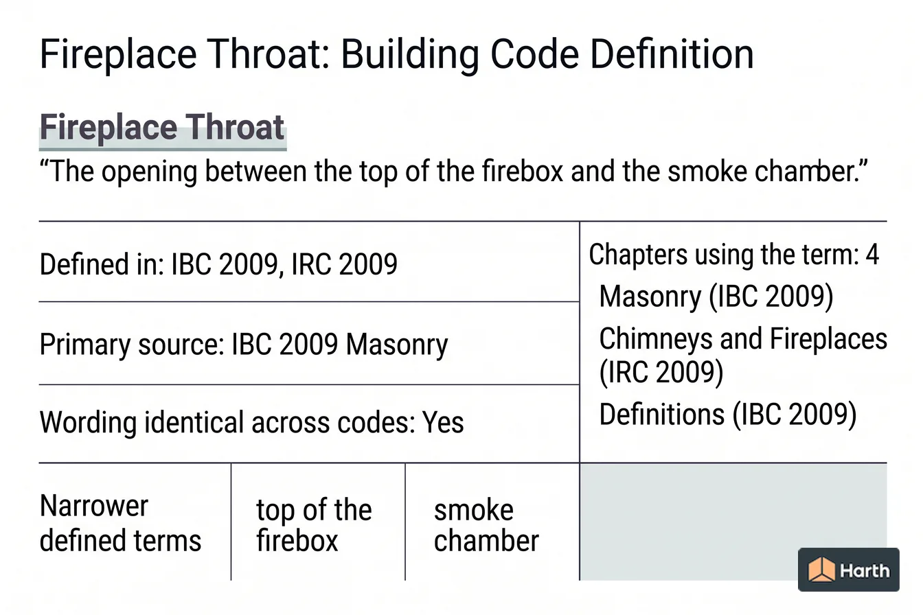 Labeled code-term definition diagram: Fireplace Throat: Building Code Definition