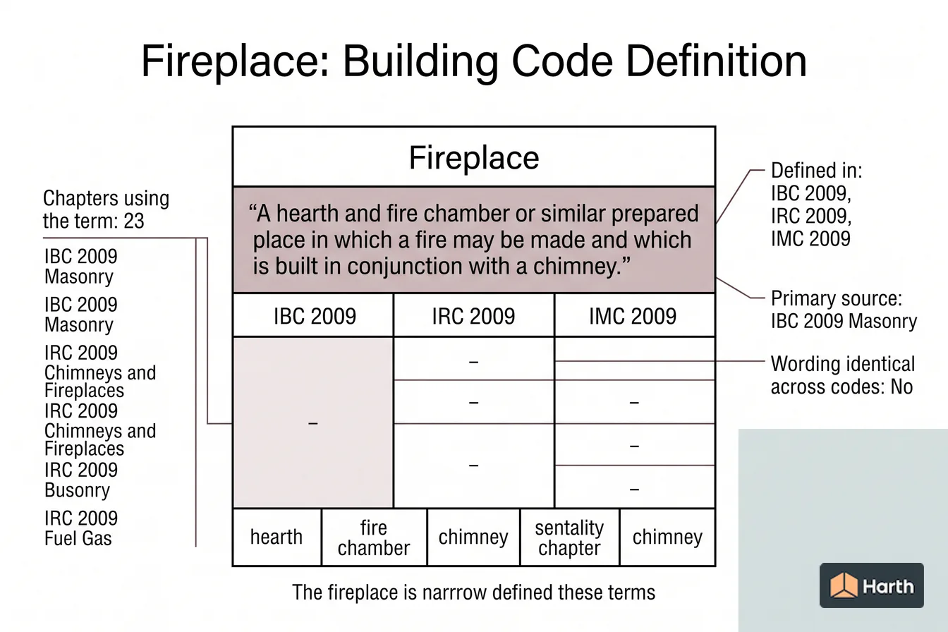 Labeled code-term definition diagram: Fireplace: Building Code Definition