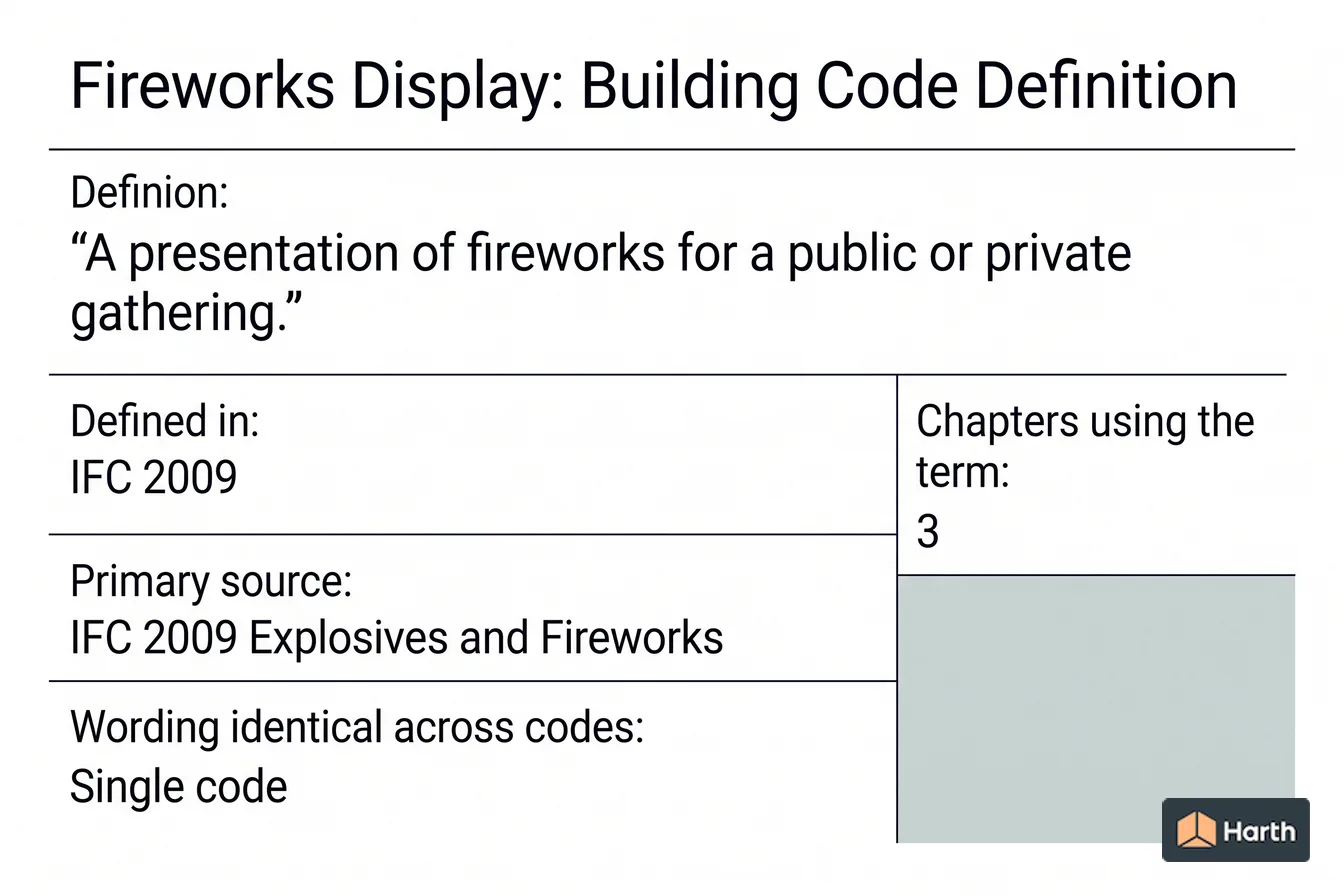 Labeled code-term definition diagram: Fireworks Display: Building Code Definition