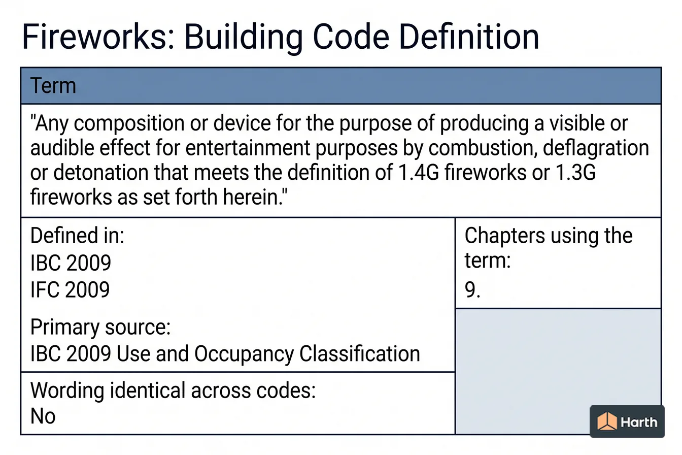Labeled code-term definition diagram: Fireworks: Building Code Definition