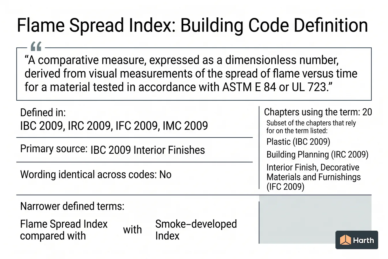 Labeled code-term definition diagram: Flame Spread Index: Building Code Definition