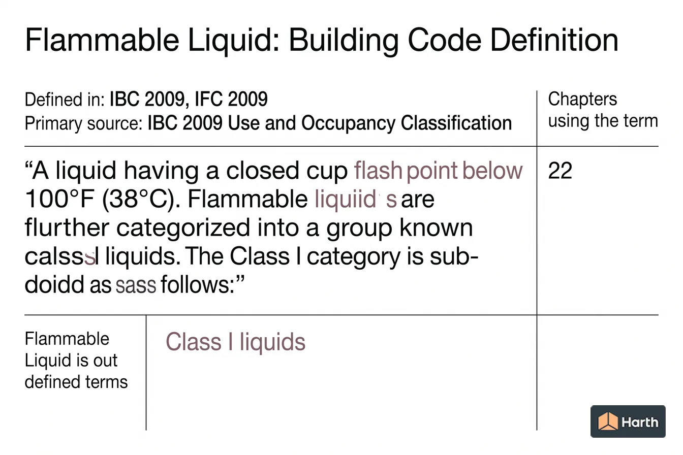 Labeled code-term definition diagram: Flammable Liquid: Building Code Definition