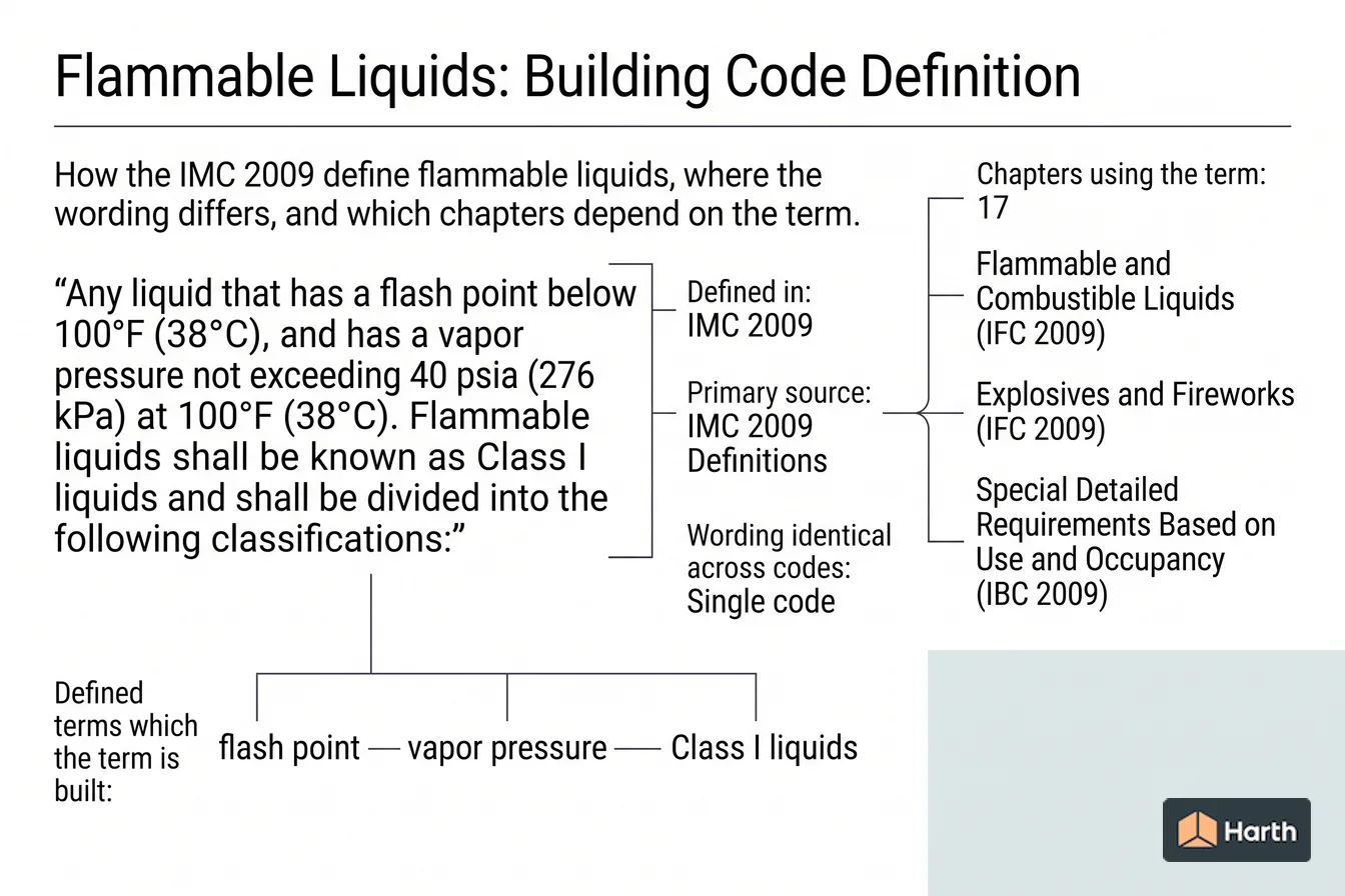 Labeled code-term definition diagram: Flammable Liquids: Building Code Definition