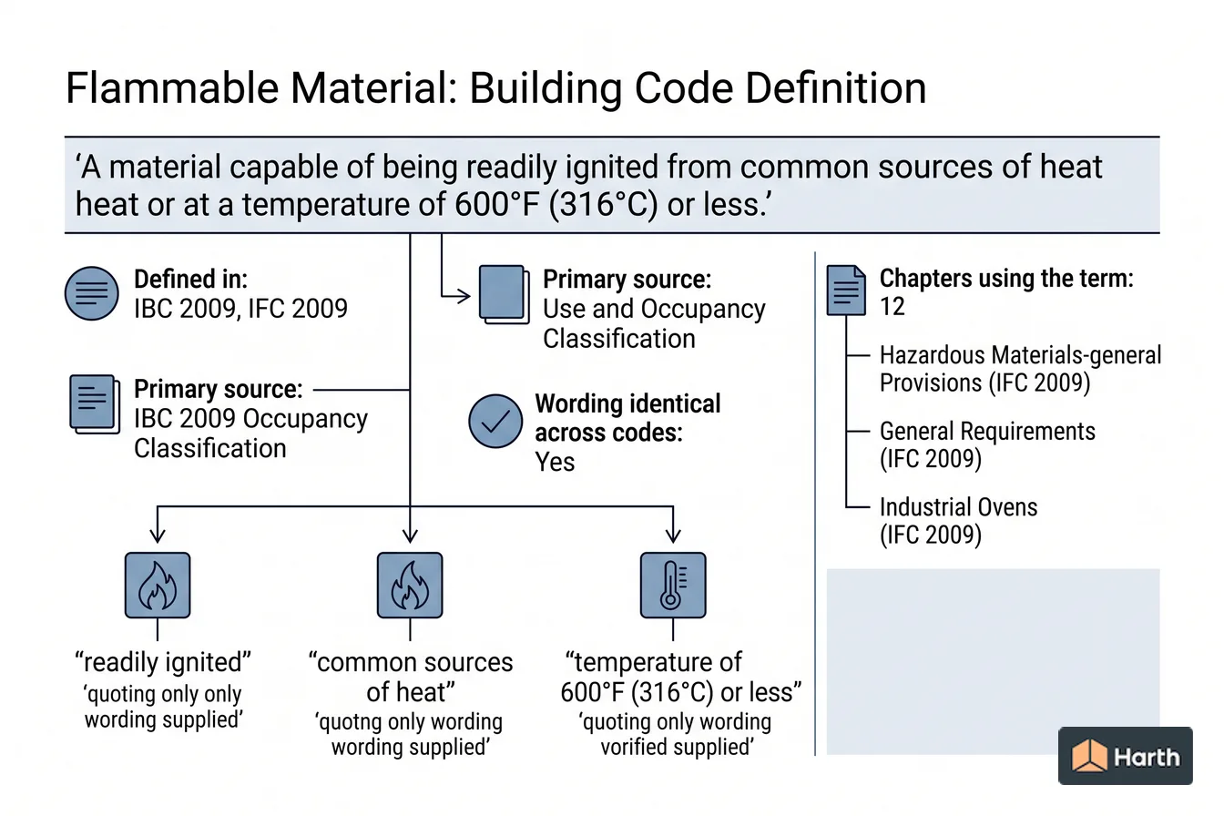 Labeled code-term definition diagram: Flammable Material: Building Code Definition