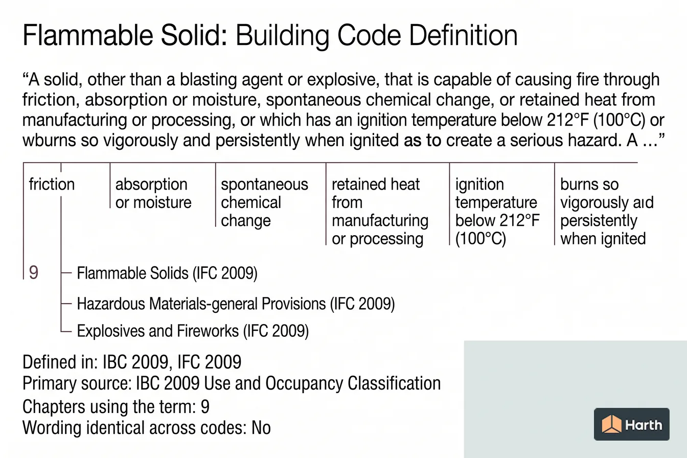 Labeled code-term definition diagram: Flammable Solid: Building Code Definition